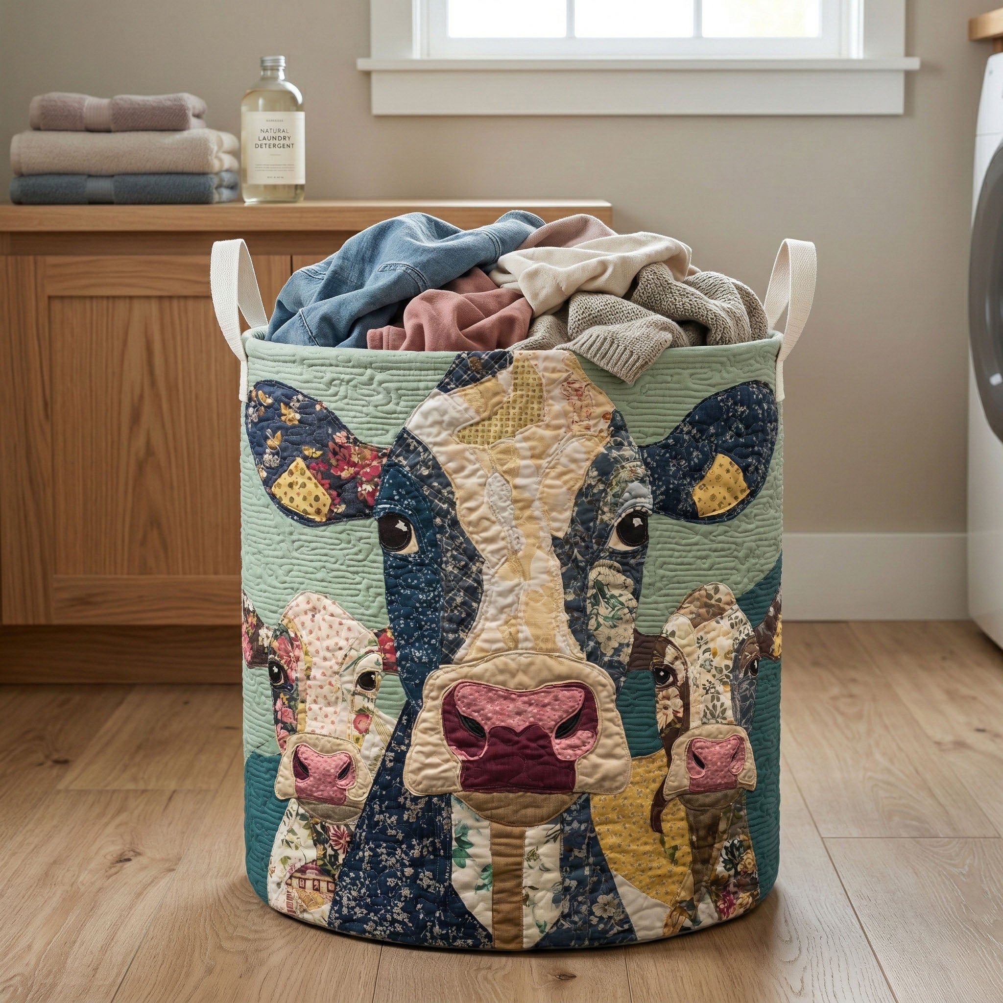 Patchwork Cow Family Quilted Laundry Basket Modern Laundry Hamper Cute Gifts For Cat Lovers