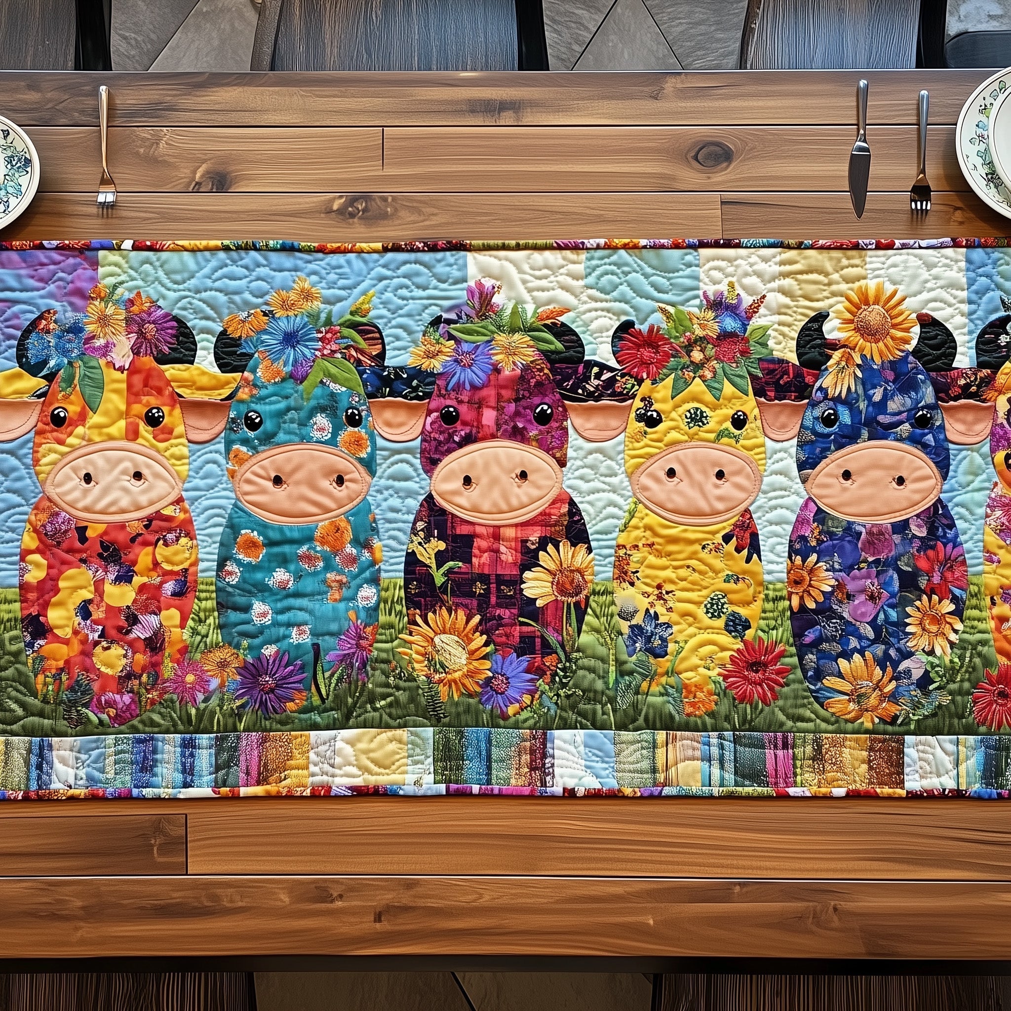 Patchwork Cows Quilted Table Runner Dining Room Table Toppers Gifts For Highland Cow Lovers