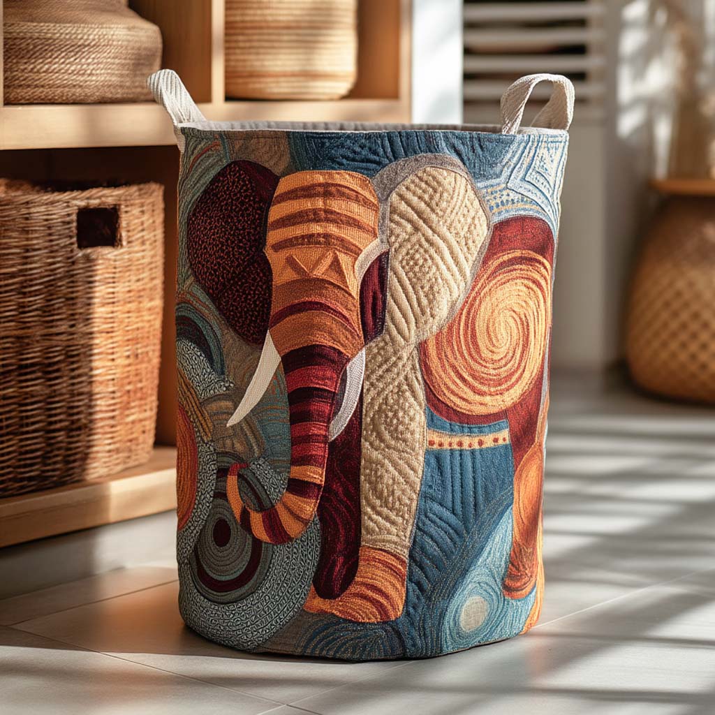 Patchwork Elephant Quilted Laundry Basket Foldable Laundry Hamper Cool Gifts For Dad