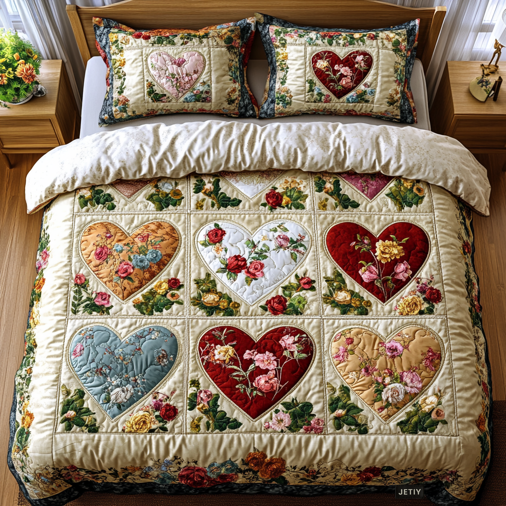 Patchwork Hearts Quilted Bedding Set Unique Sheet Sets Gifts For Valentine