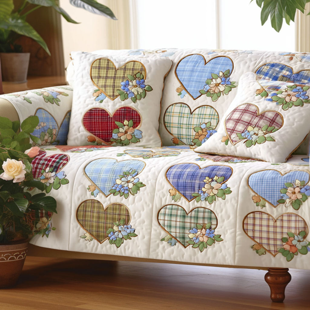 Patchwork Hearts Quilted Sofa Cover Best Sofa Slipcovers Christmas Presents For Couples