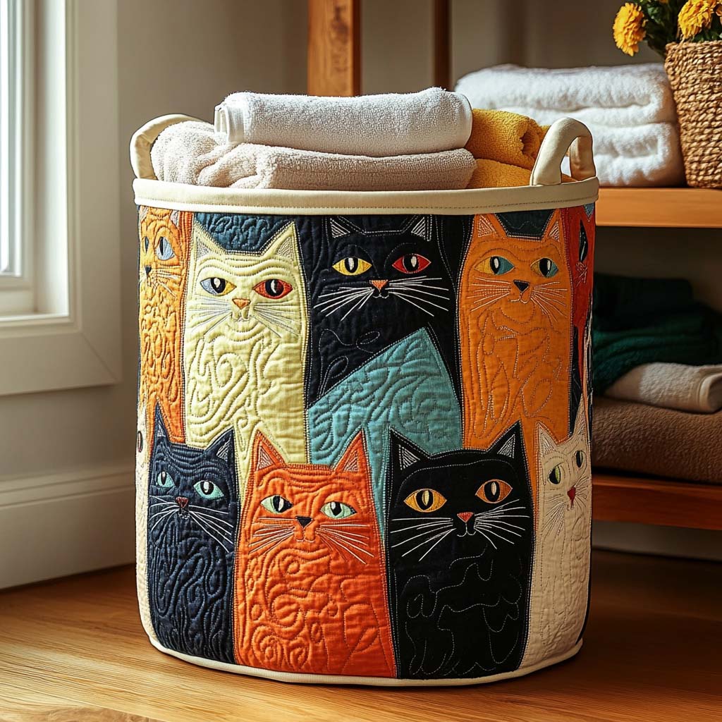 Patchwork Kitties Quilted Laundry Basket Home Decor Stores Items For Cat Lovers