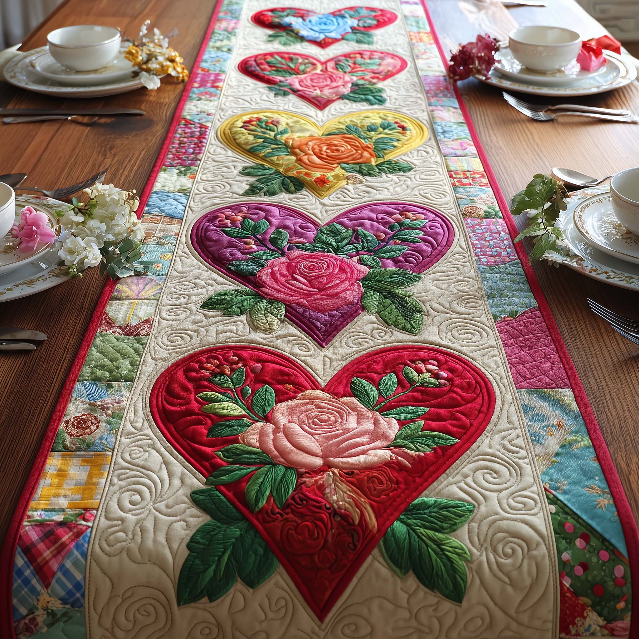 Patchwork Love Quilted Table Runner Long Dining Table Runner Gift For Couples