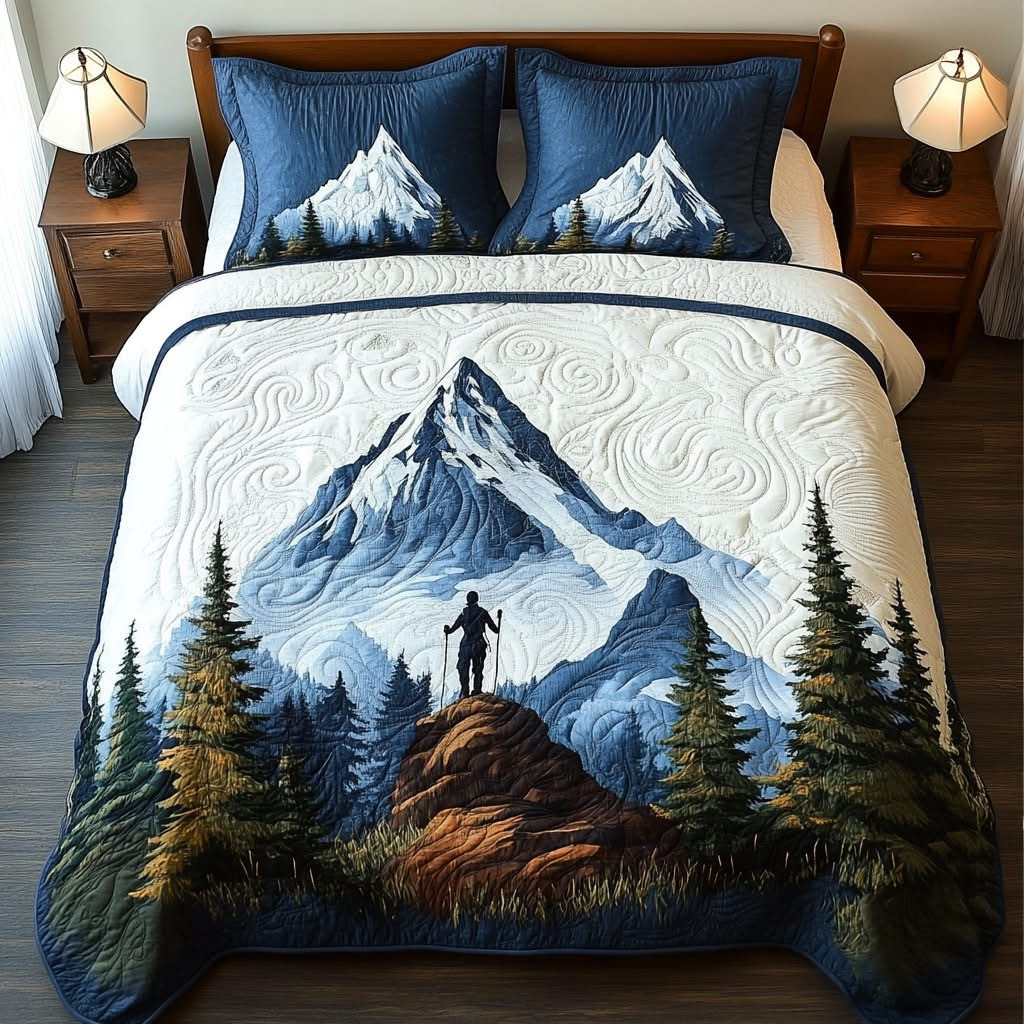 Pathfinder Quilted Bedding Set Duvet Cover Snow Capped Alpine View Christmas Gifts For Hiker