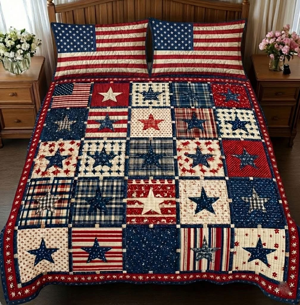Patriot Pride Quilted Bedding Set Star Patchwork Duvet Cover Set 4th Of July Gifts Ideas