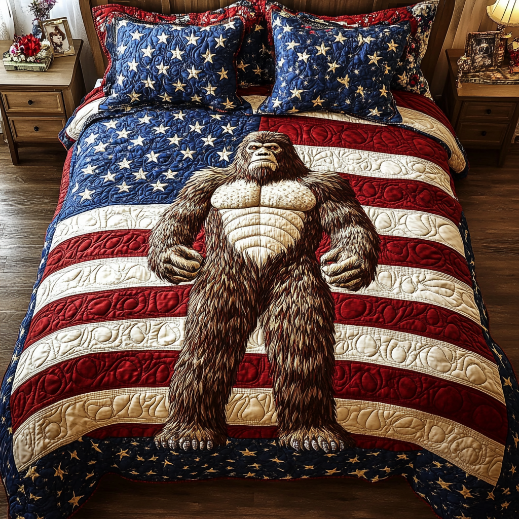 Patriot Sasquatch Quilted Bedding Set Aesthetic Room Decor Bigfoot Sasquatch Gifts