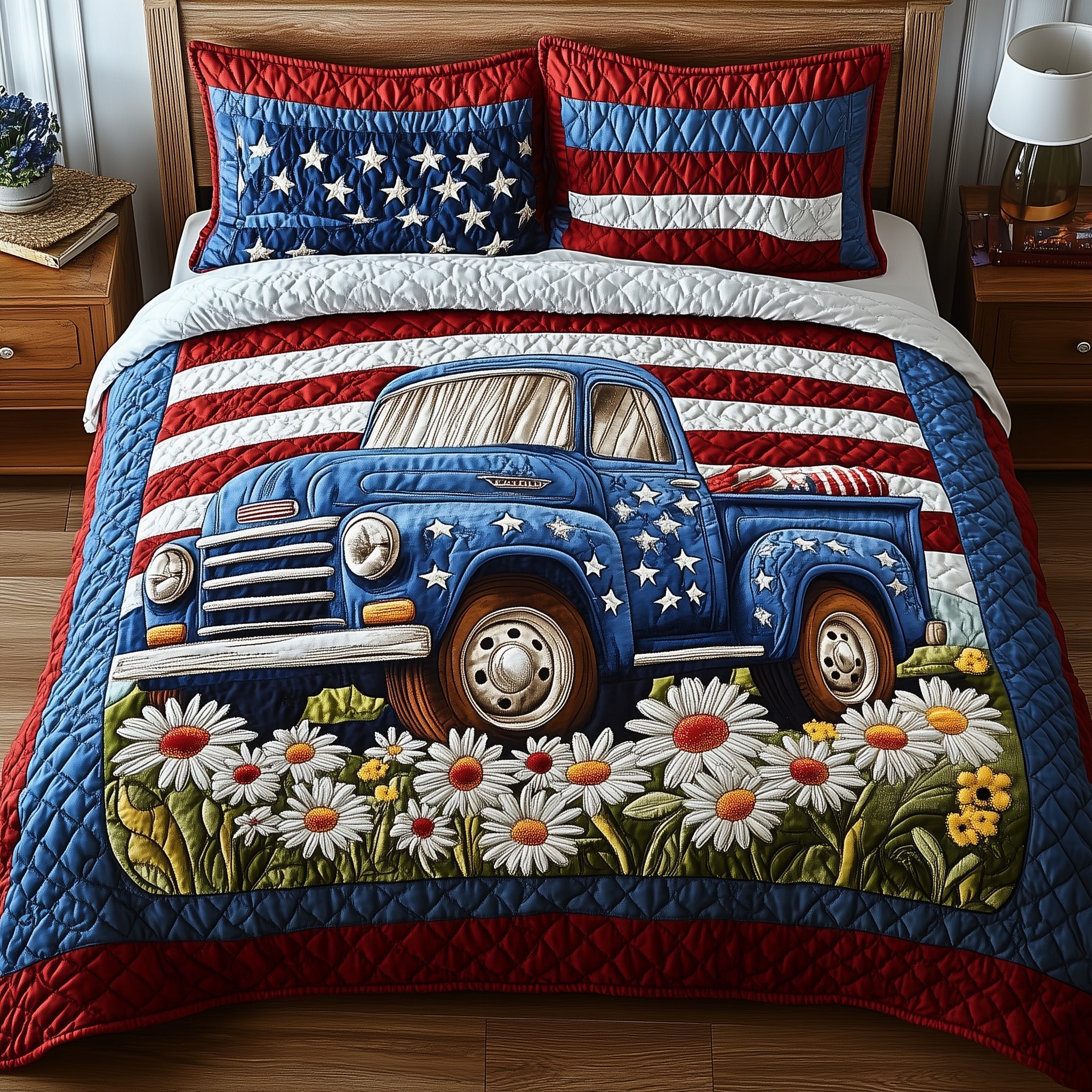 Patriotic America Truck Quilted Bedding Set Good Sheet Sets 4Th Of July Gift Ideas