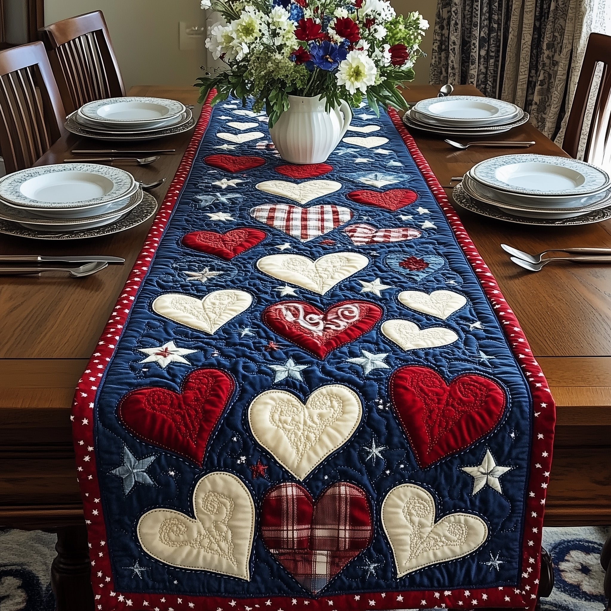 Patriotic Heart Bloom Quilted Table Runner July 4 Table Decorations Unique 4Th Of July Gifts