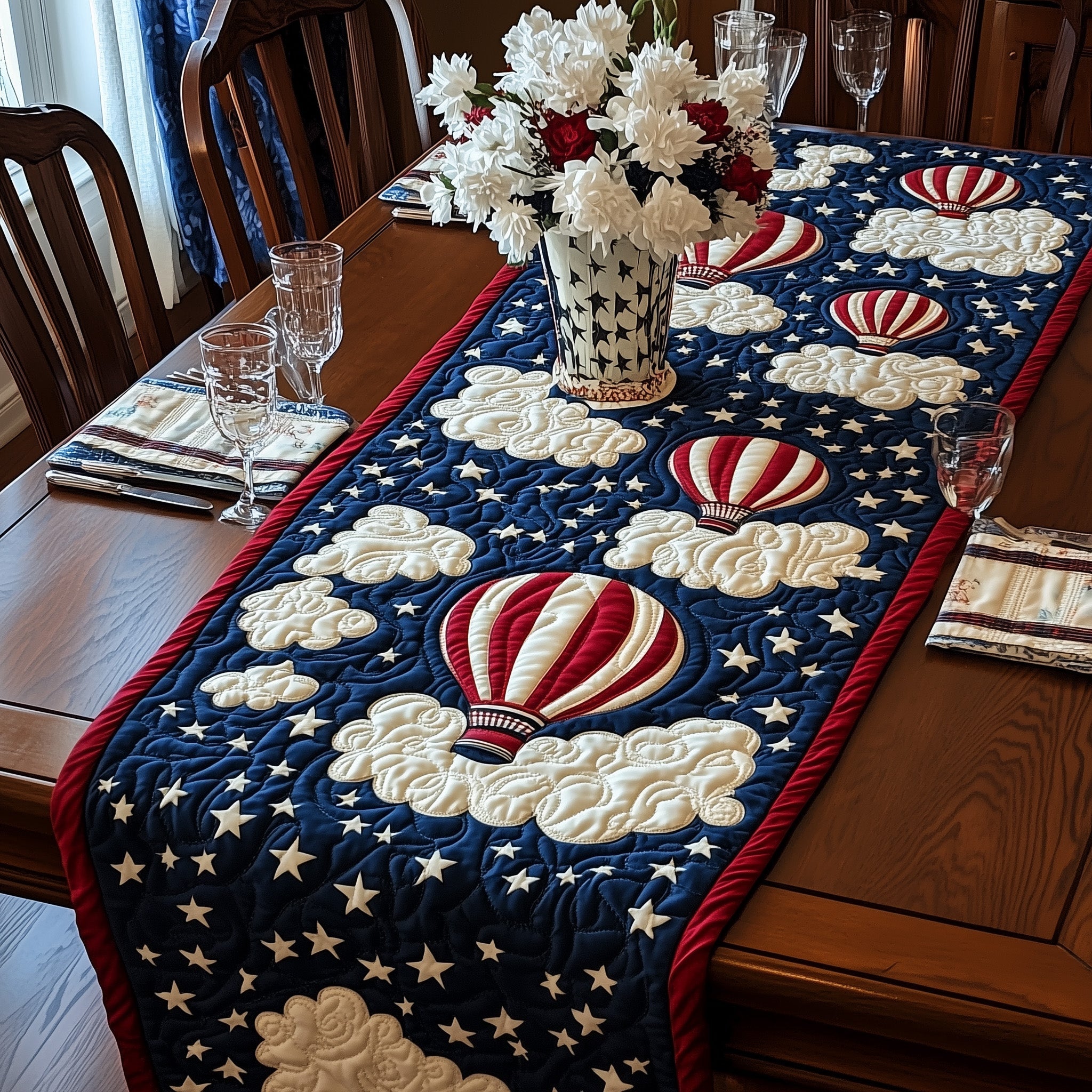 Patriotic Hot Air Balloon Quilted Table Runner Fourth Of July Centerpieces Patriotic Gifts For Dad