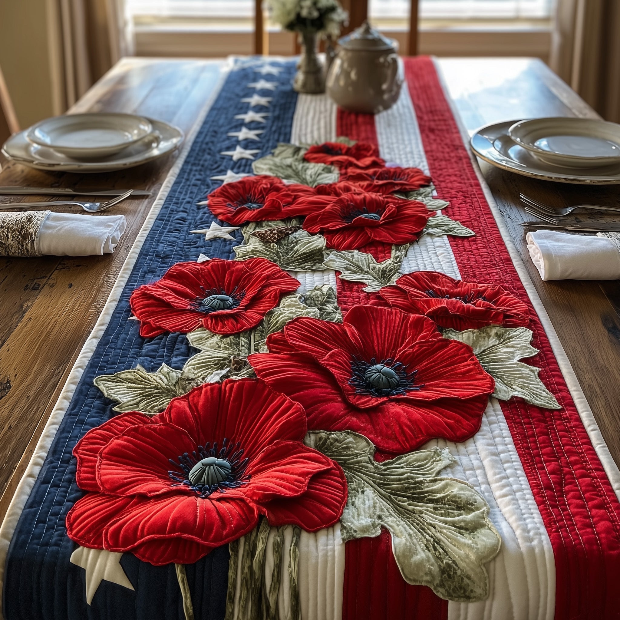 Patriotic Poppy Quilted Table Runner 4th July Table Decoration Ideas Patriotic Presents