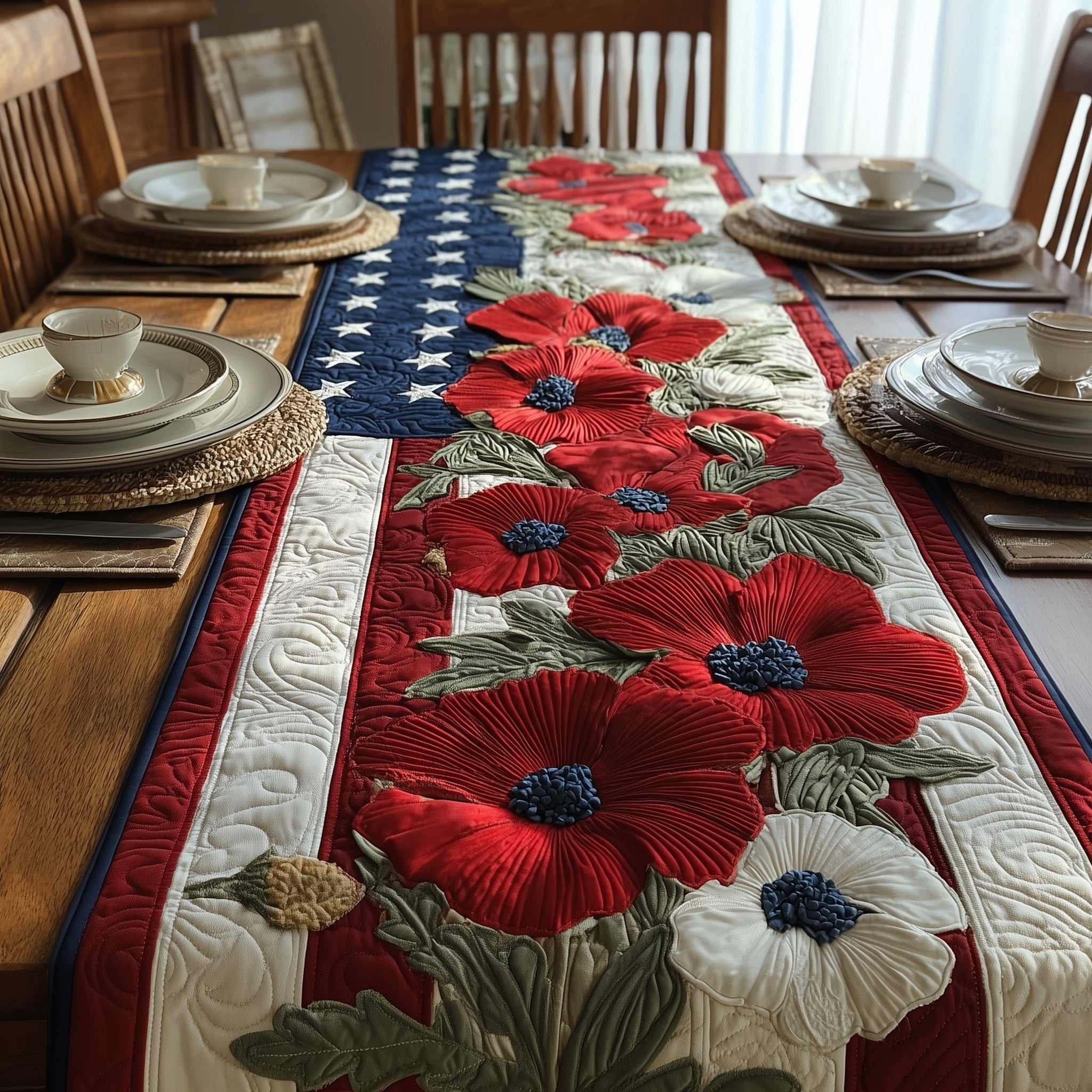 Patriotic Poppy Quilted Table Runner 4th Of July Table Ideas Independence Day Gift