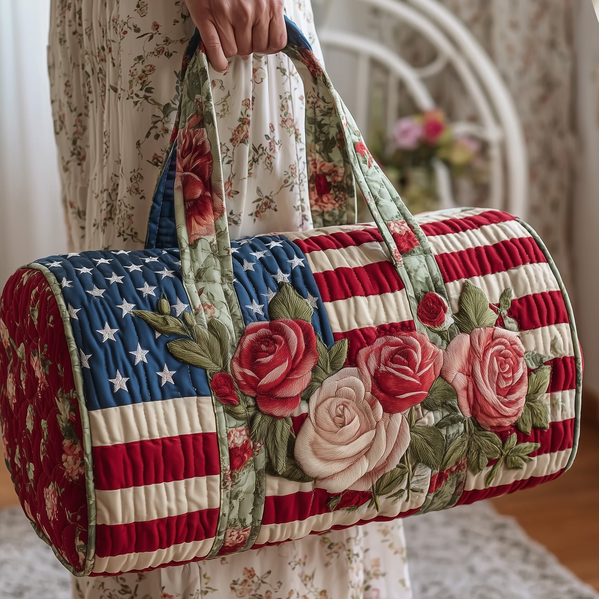 Patriotic Rose Quilted Duffle Bag Women's Travel Duffel Bags Good Gifts For Your Mom