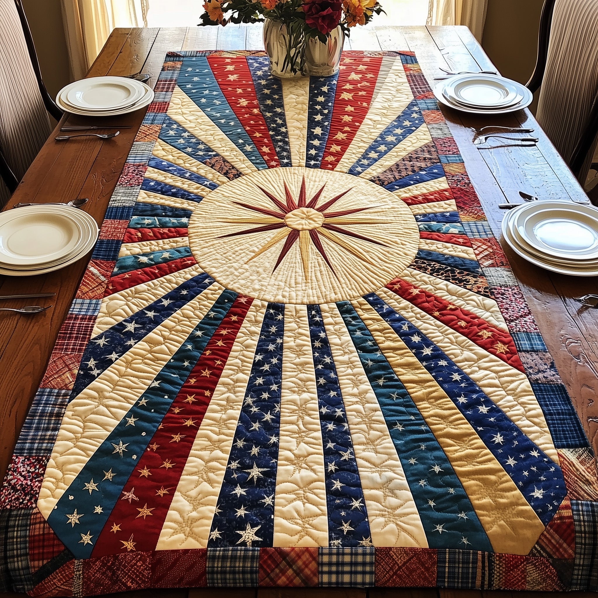 Patriotic Sun Quilted Table Runner Simple 4th Of July Table Decorations Best 4Th Of July Gifts