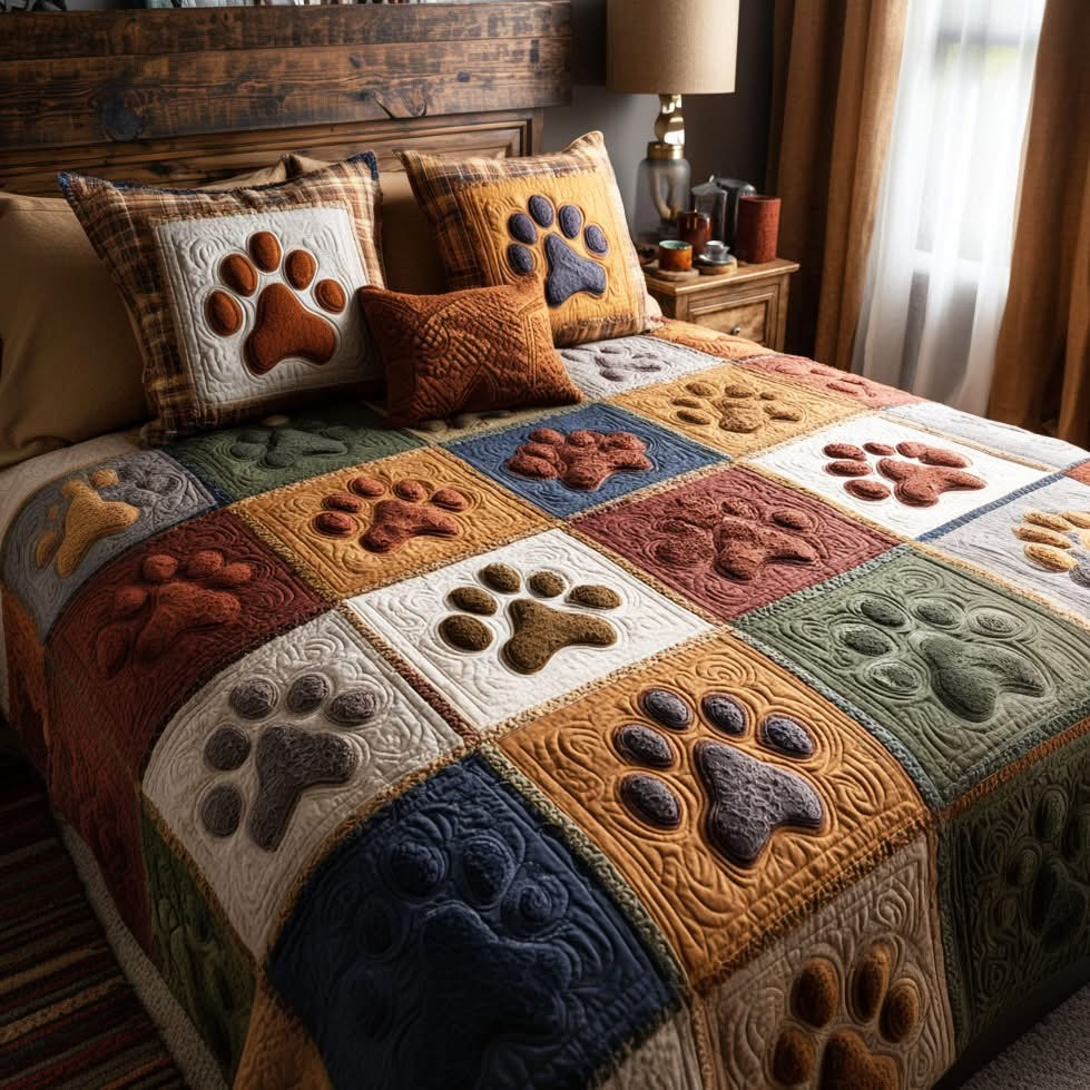 Paw Rustic Quilted Bedding Set Cute Bedroom Decor Gifts For Dog Lovers
