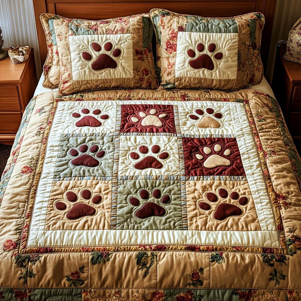 Paw Squares Quilted Bedding Set Aesthetic Room Decor Birthday Gifts For Dog Lovers