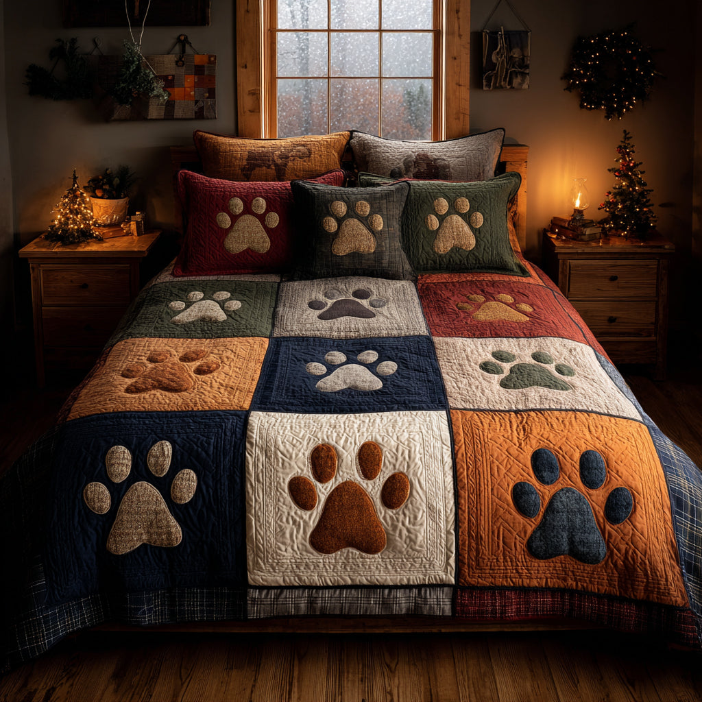 Pawprint Meadow Quilted Bedding Set Cute Bed Sheets Best Father's Day Gifts For Dad
