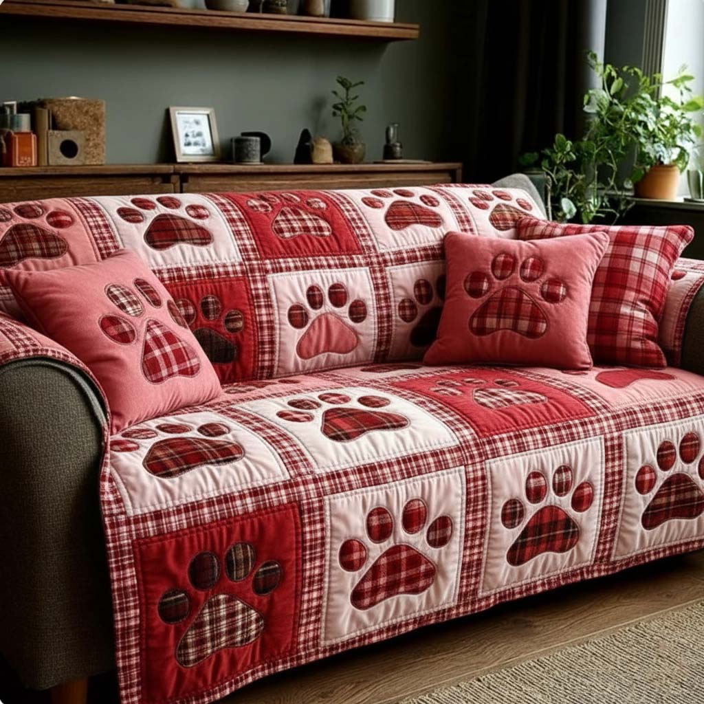 Pawprint Valentine Quilted Sofa Cover Sofa Protector Cover Best Gifts For Dog Lovers