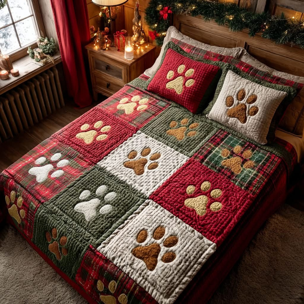 Paws Rustic Prints Vintage Patchwork Quilted Bedding Set Best Gifts For Pet Lovers