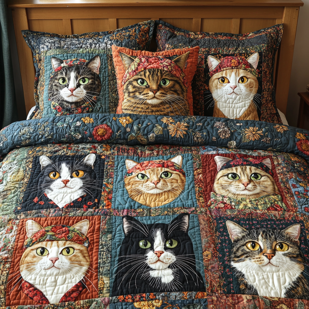 Paws Whimsy Quilted Bedding Set Best Queen Sheets Cute Gifts For Cat Lovers