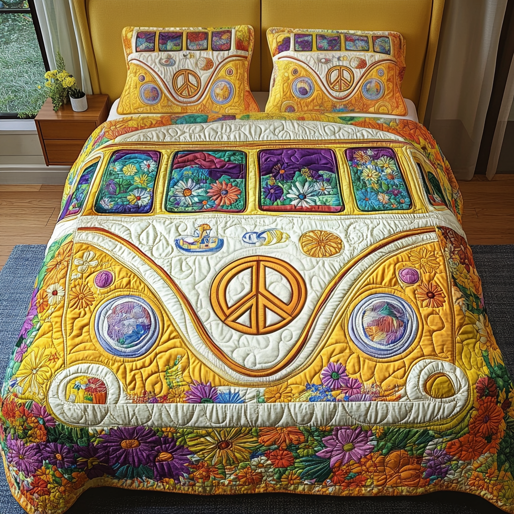 Peace Ride Quilted Bedding Set Best Bed Sheet Set Best Gifts For Hippie Friends
