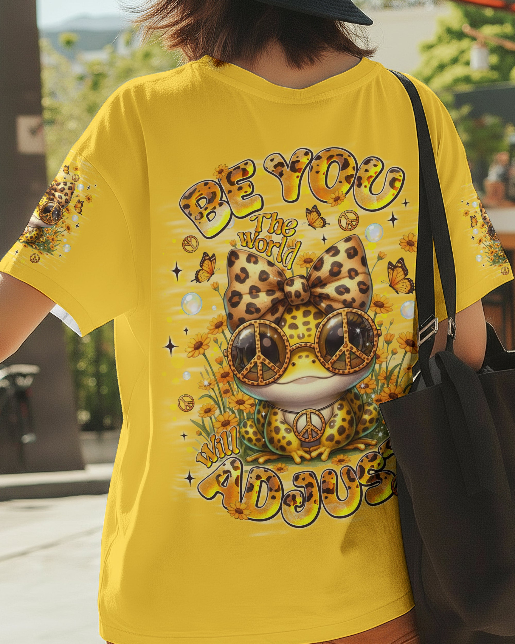Peace Sign Frog Be You The World Will Adjust T-Shirt Frog With Leopard Bow Flower For Daughter - Image 2