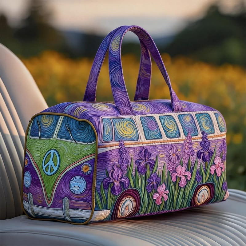 Peace Sign Quilted Duffle Bag Colorful Hippie Travel Bag Gift For Flower Lovers