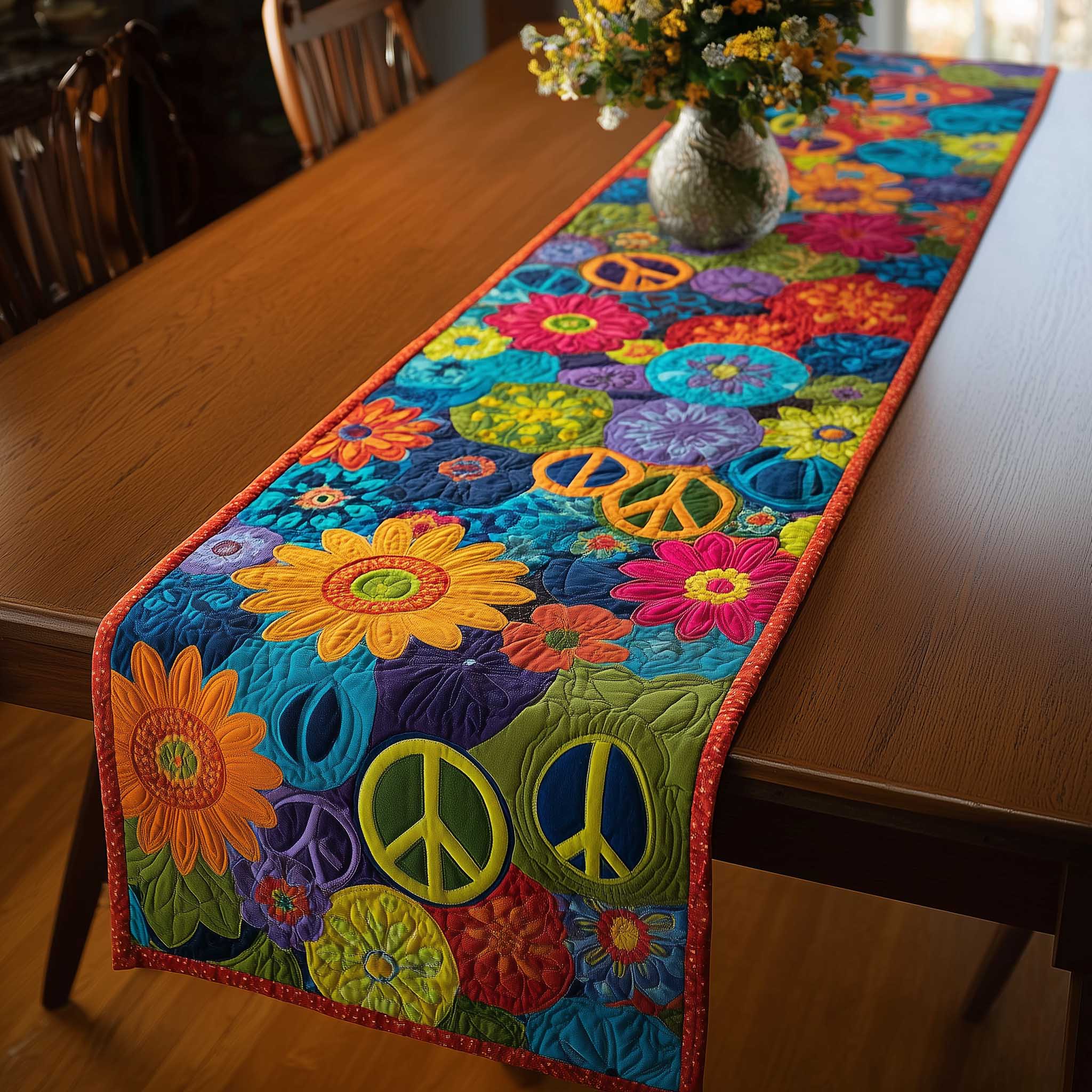 Peace Sign Quilted Table Runner Boho Macrame Table Runner Gifts For Peace Of Mind