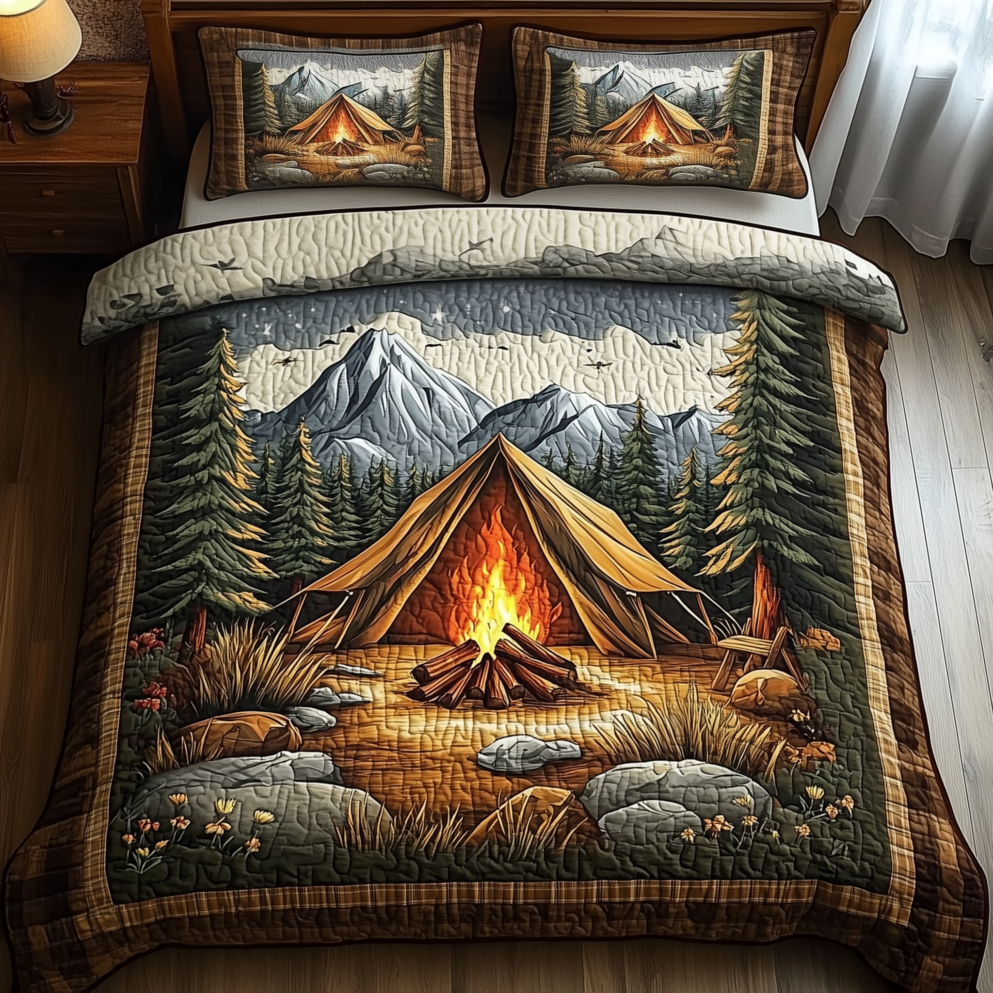 Peaceful Camping Quilted Bedding Set Boho Bedroom Furniture Last Minute Father'sDay Gifts