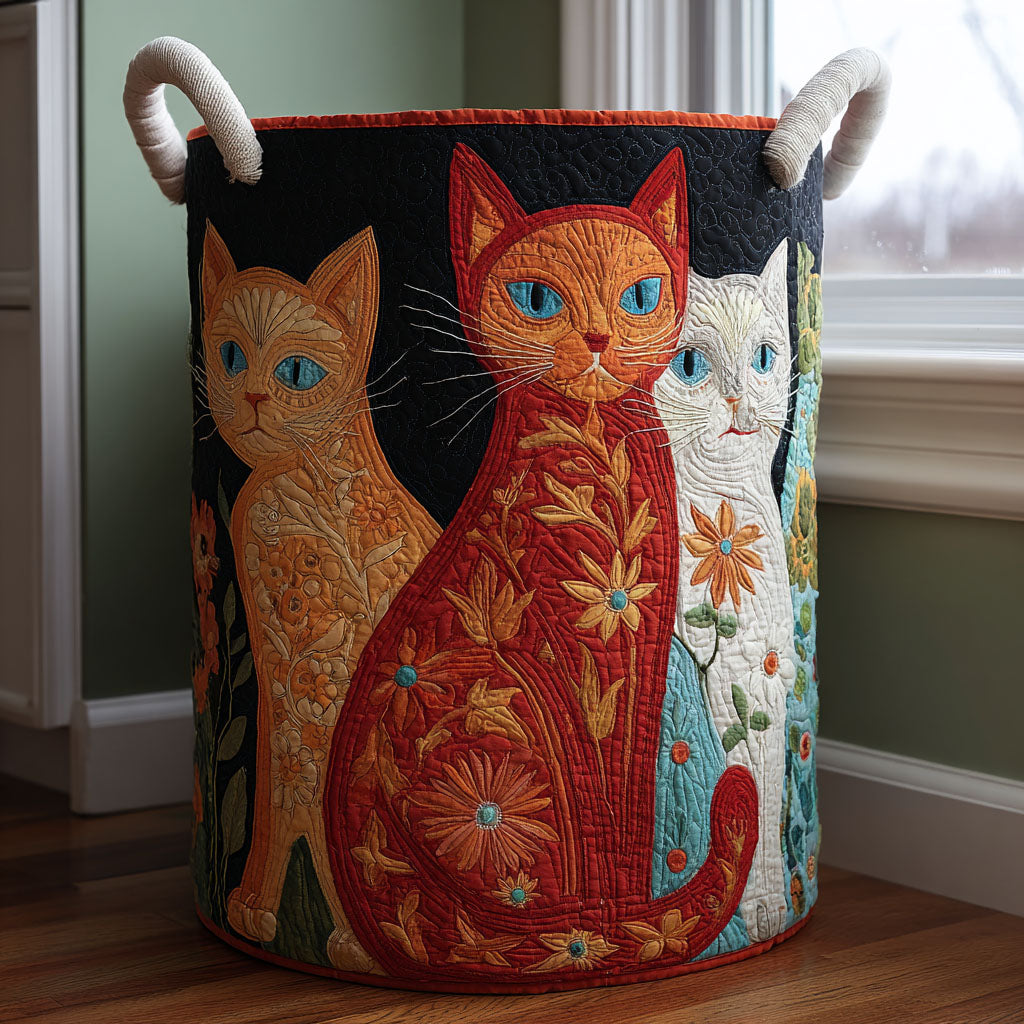 Peaceful Cat Quilted Laundry Basket Rustic Laundry Hamper Cat Mom Gifts