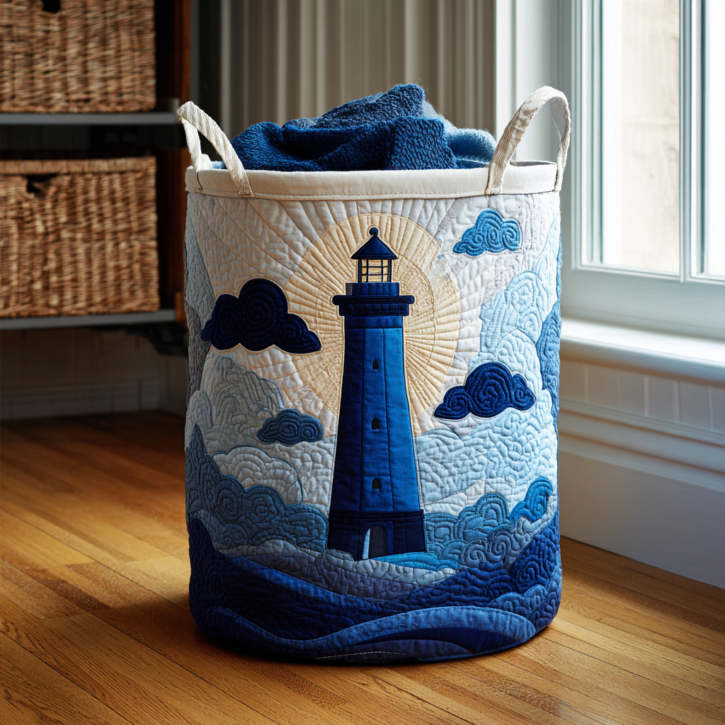 Peaceful Lighthouse Quilted Laundry Basket Best Clothes Hamper Unusual House Warming Presents