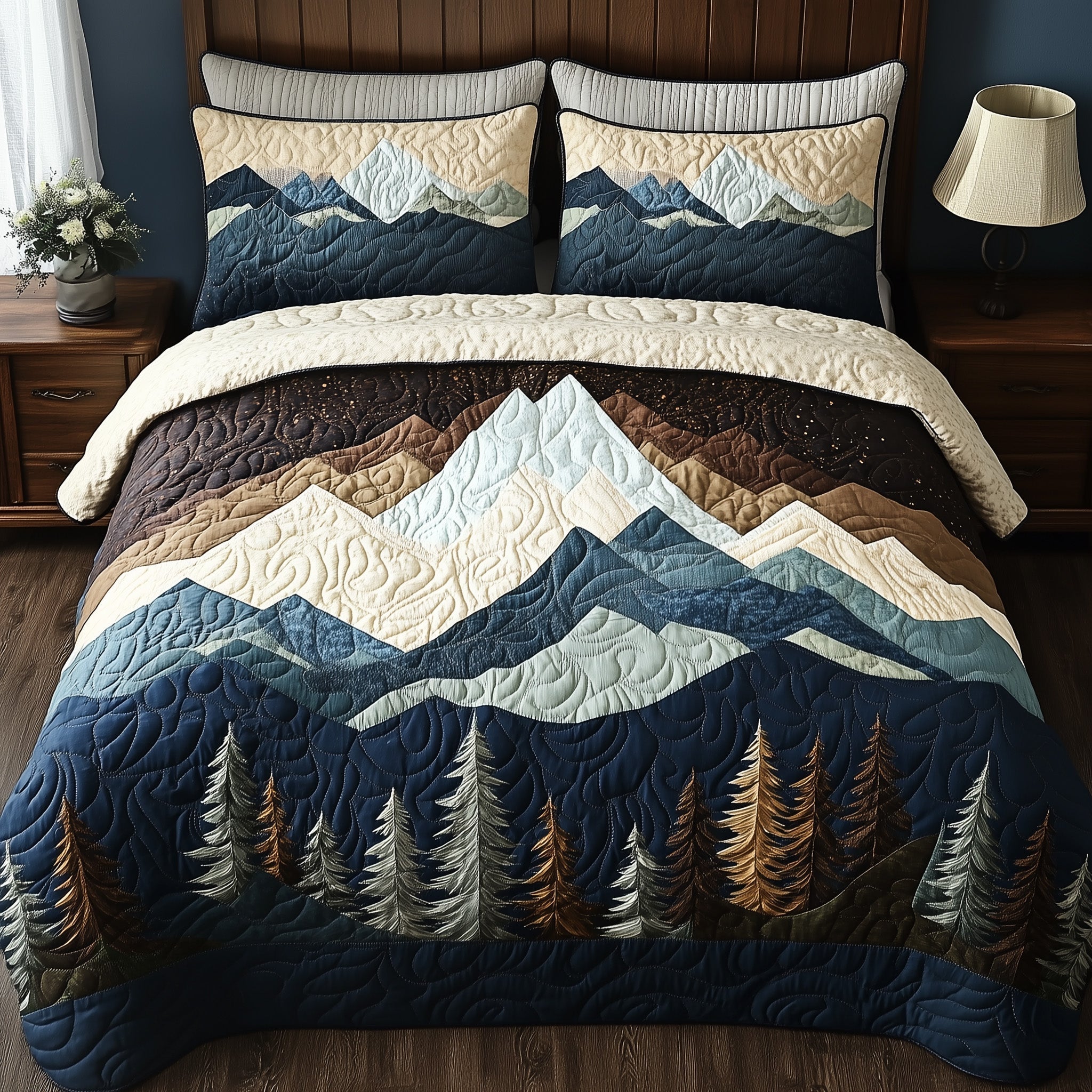 Peaceful Mountain Forest Quilted Bedding Set Best King Sheets Perfect Father's Day Gifts