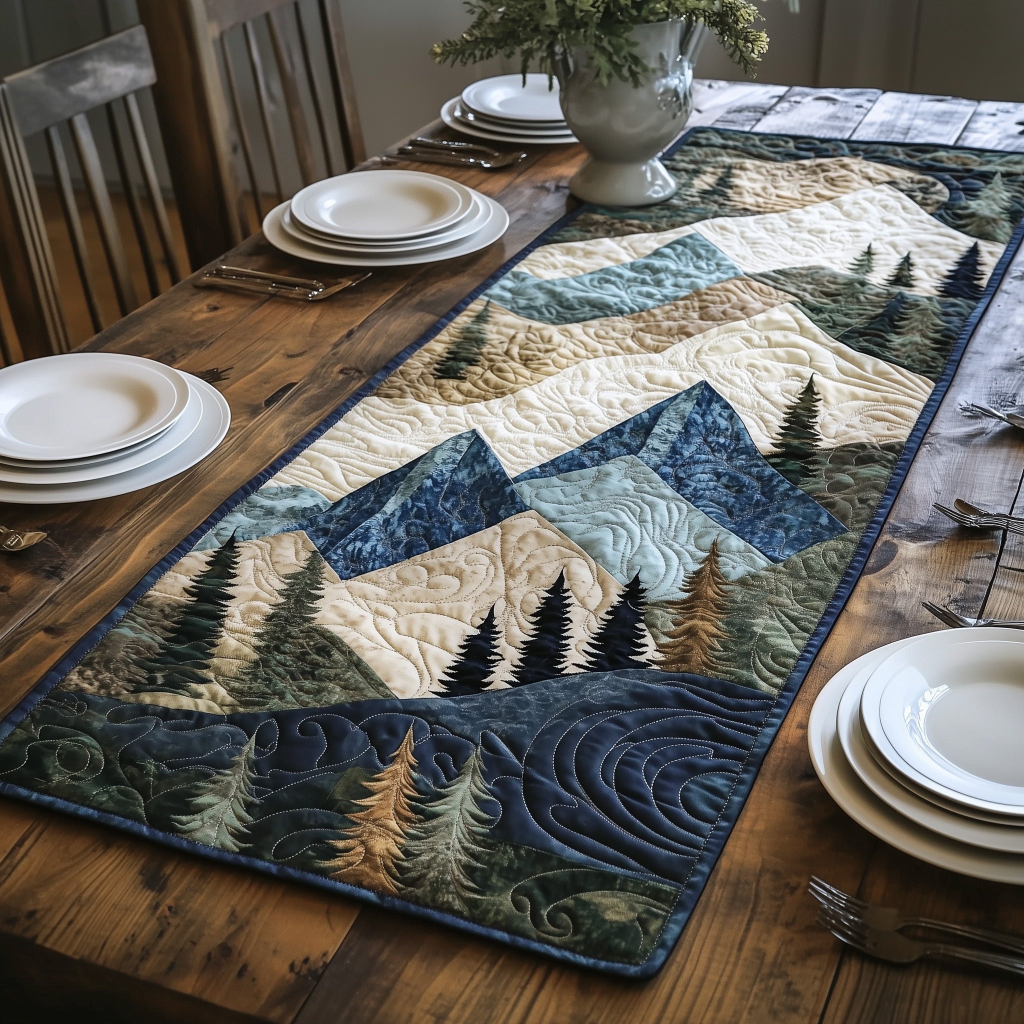 Peaceful Mountain Forest Quilted Table Runner Dining Table Table Runner Mother's Day Gift Ideas For Wife