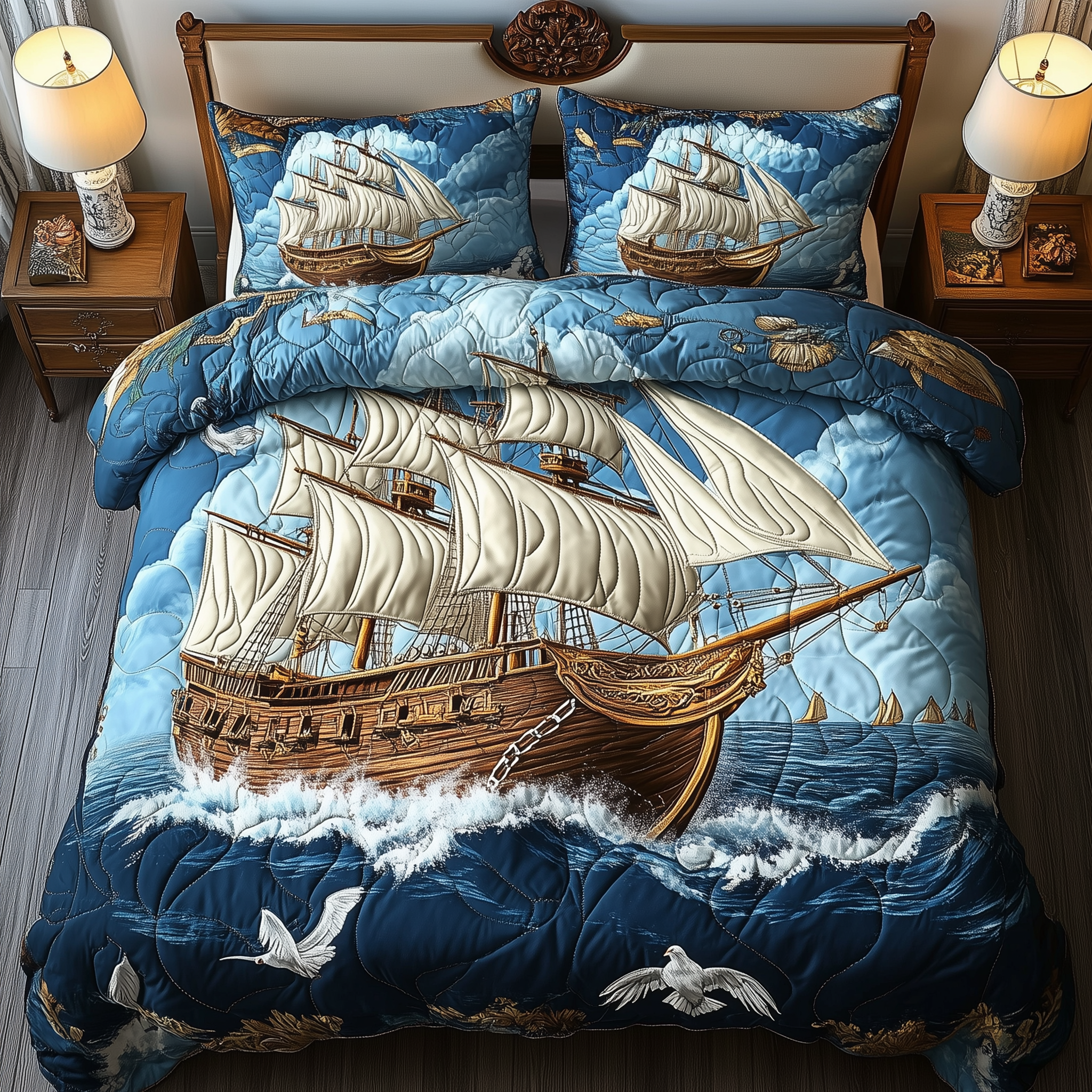 Peaceful Ocean Ship Quilted Bedding Set Best King Bedding Sets Cute Mothers Day Gifts