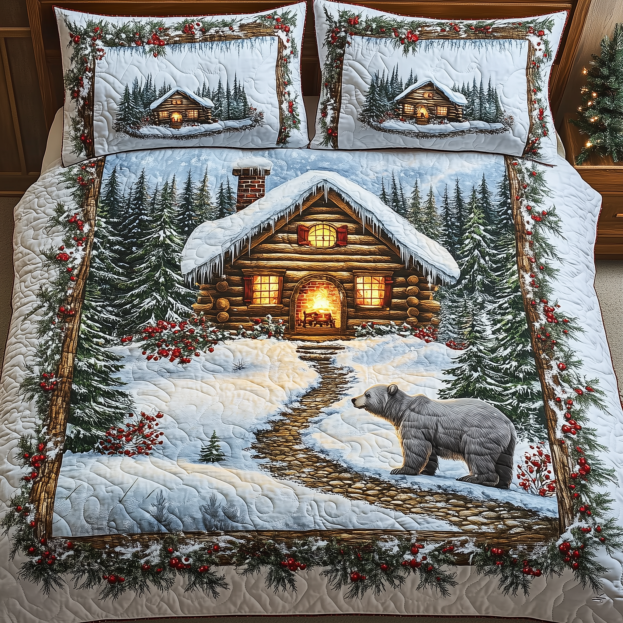 Peaceful Snow Cabin Quilted Bedding Set Christmas Room Decor Ideas Christmas Gifts For Sister In Law