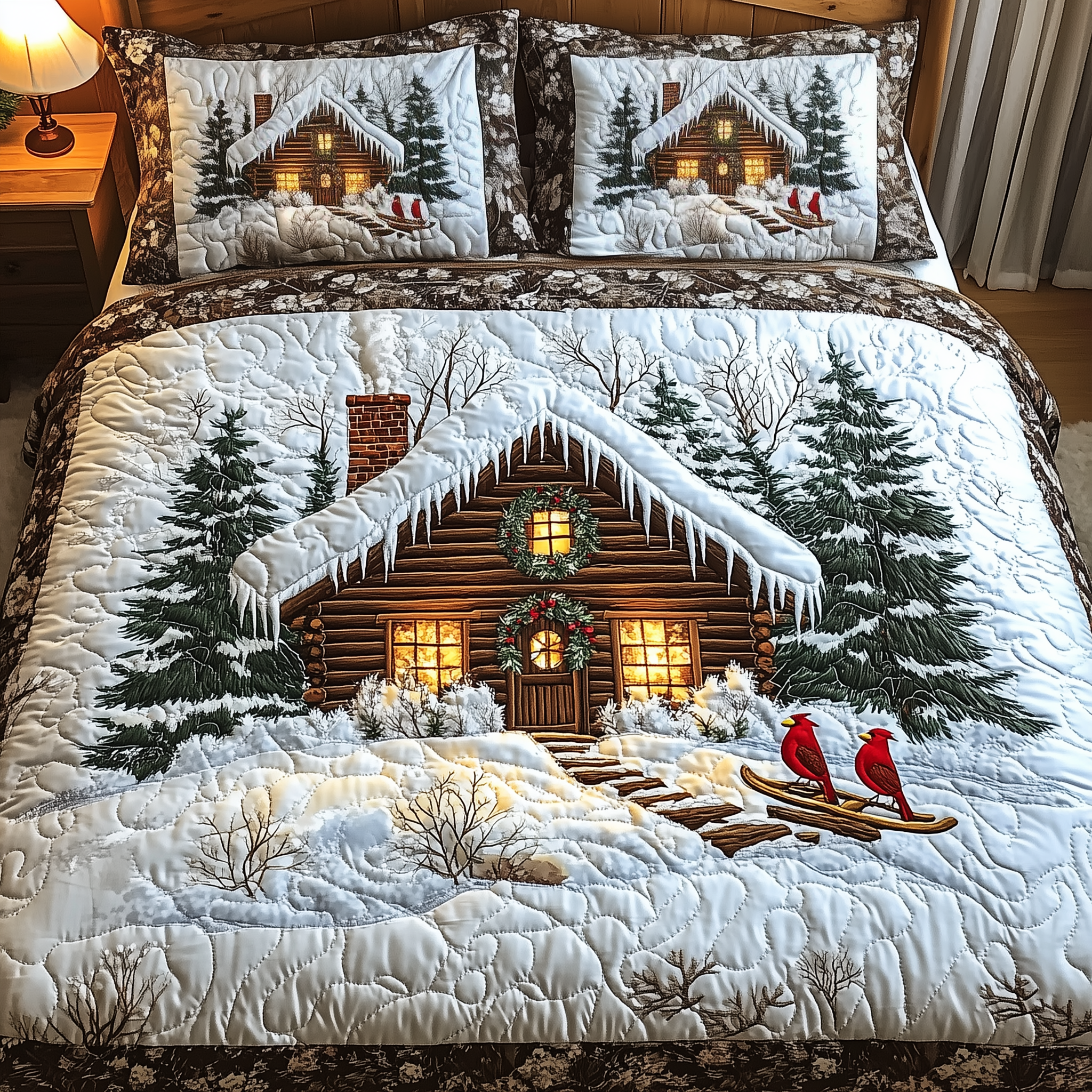 Peaceful Snow Cabin Quilted Bedding Set Christmas Room Ideas Good Family Gifts For Christmas
