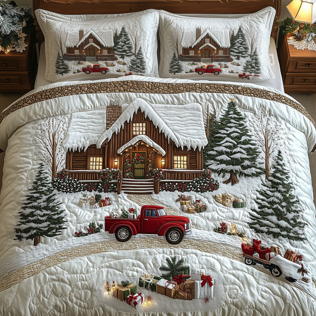 Peaceful Snow Cabin Quilted Bedding Set Christmas Sheets Queen Best Holiday Gifts 2026