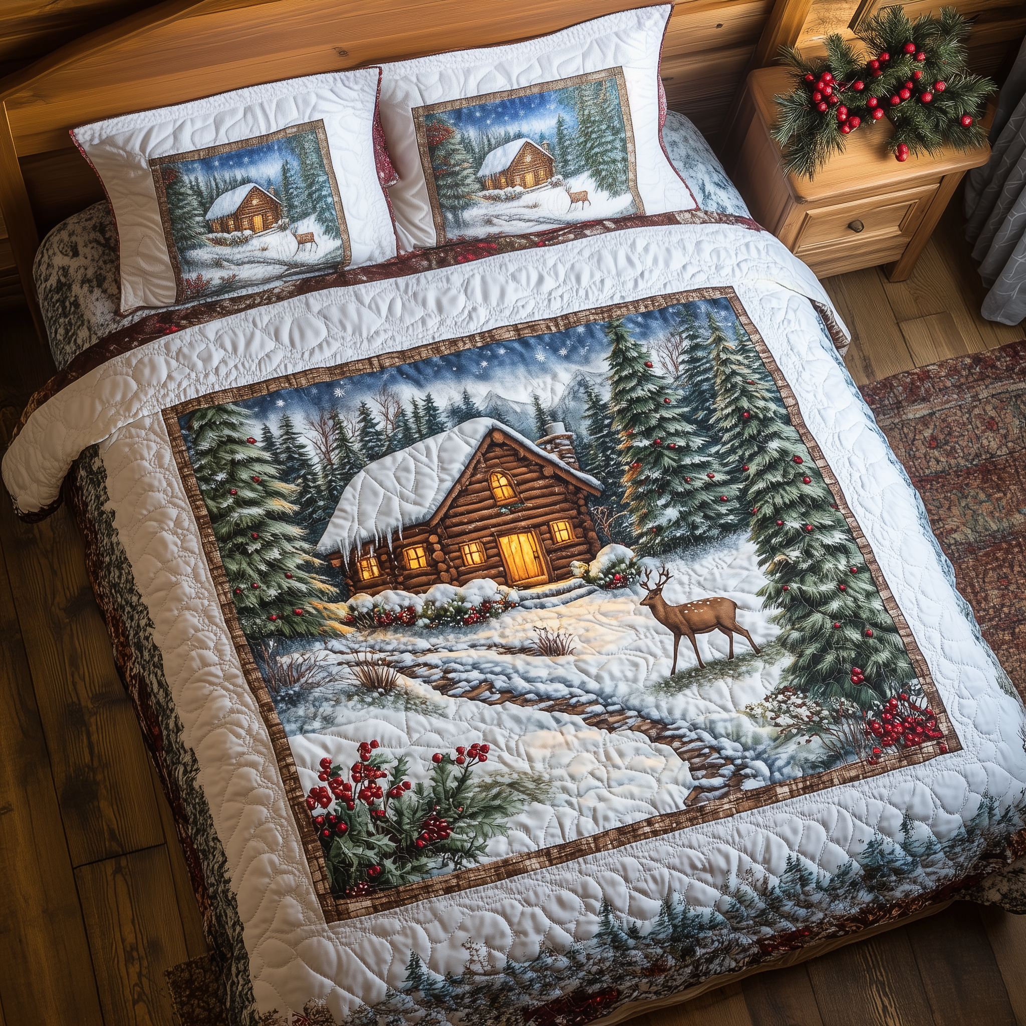 Peaceful Snow Cabin Quilted Bedding Set Xmas Bedroom Ideas Good Family Christmas Present