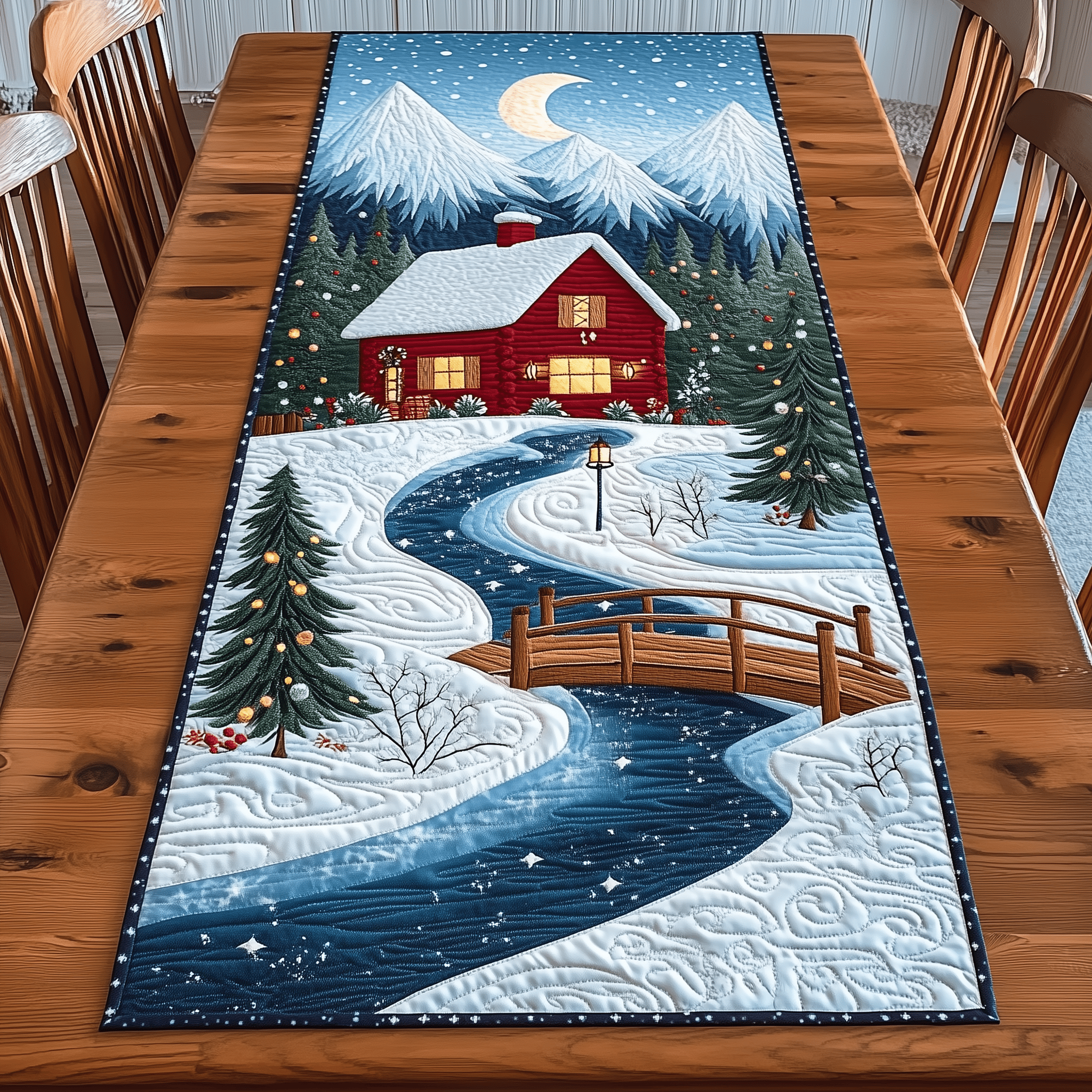 Peaceful Snow Cabin Quilted Table Runner Dinner Table Decorations Christmas Family Xmas Gift Ideas