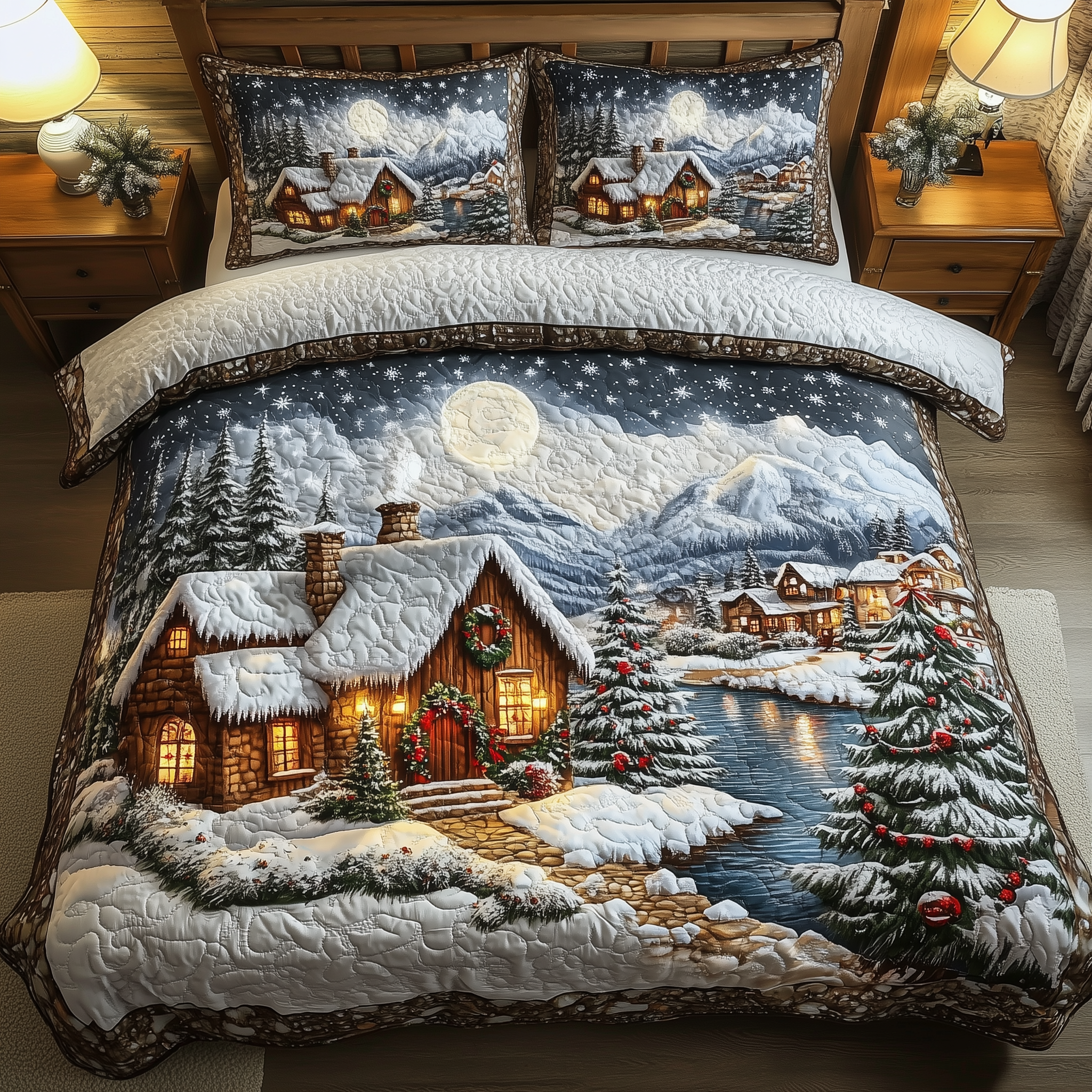 Peaceful Snow Village Quilted Bedding Set Christmas Sheets King Awesome Christmas Gifts 2026