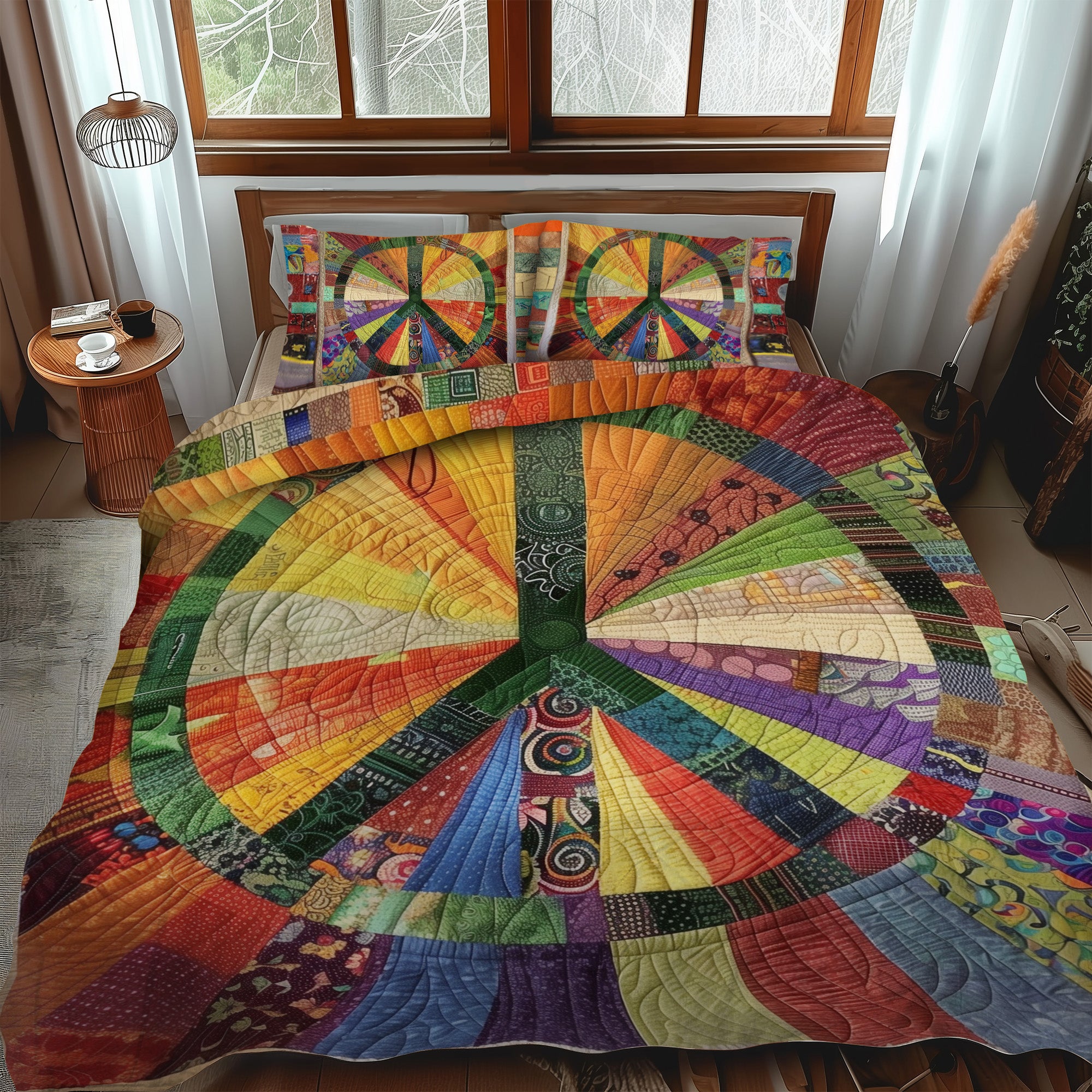 Peaceful Sunburst Quilted Bedding Set Cute Bed Sheet Set Best Gifts For Hippie Boyfriend