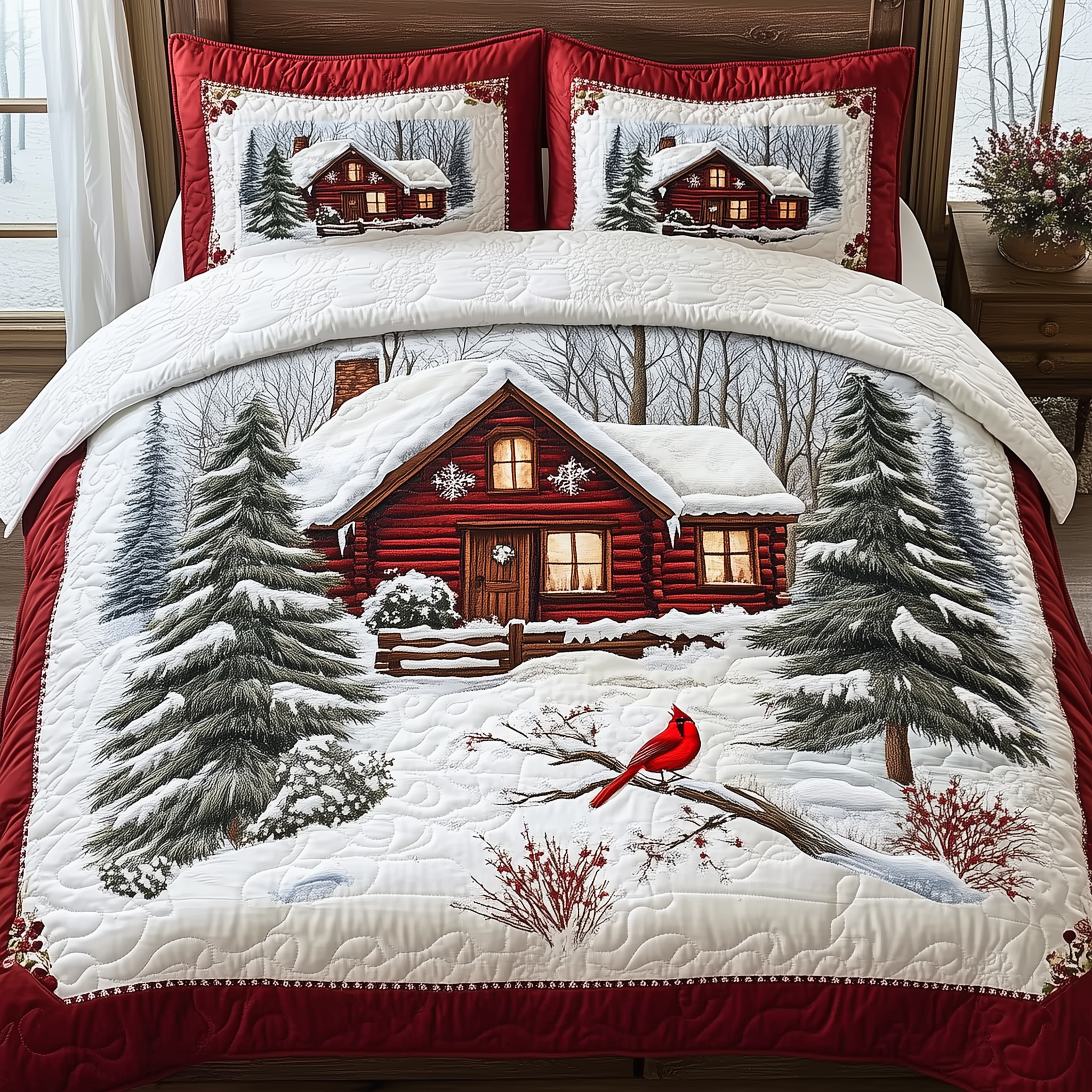 Peaceful Winter Cabin Quilted Bedding Set Christmas Bed Spread Cute Christmas Gifts For Boyfriend