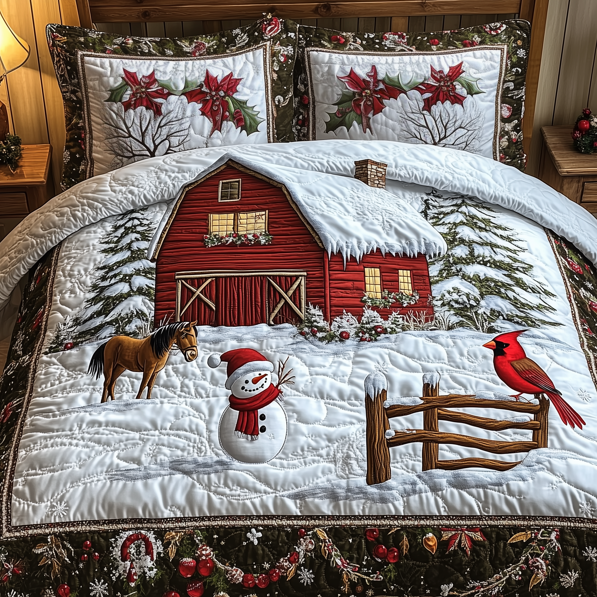 Peaceful Winter Farmhouse Quilted Bedding Set Christmas Bed Covers Best Christmas Presents For Men