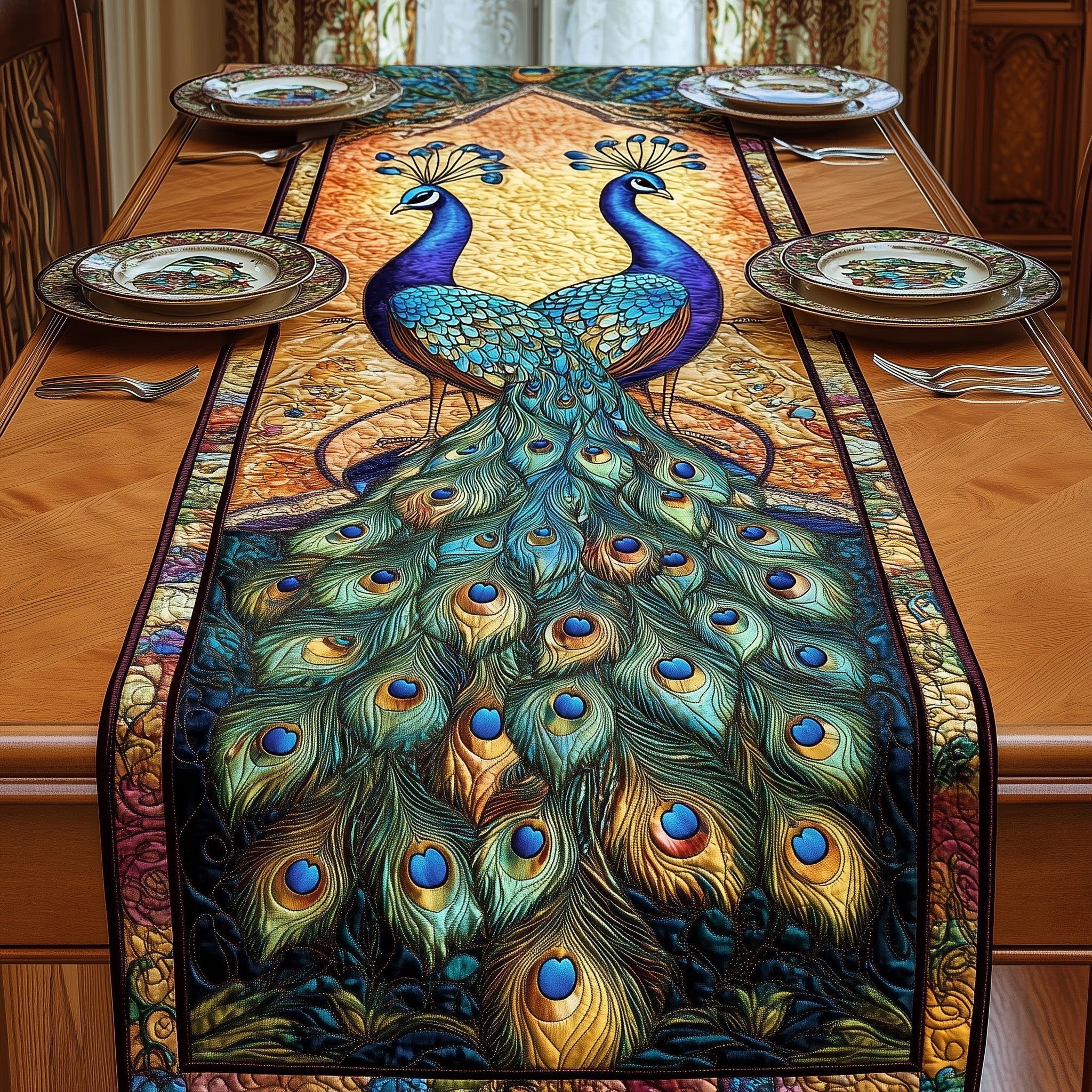 Peacock Quilted Table Runner Bohemian Style Table Runner Unique Peacock Gift Ideas