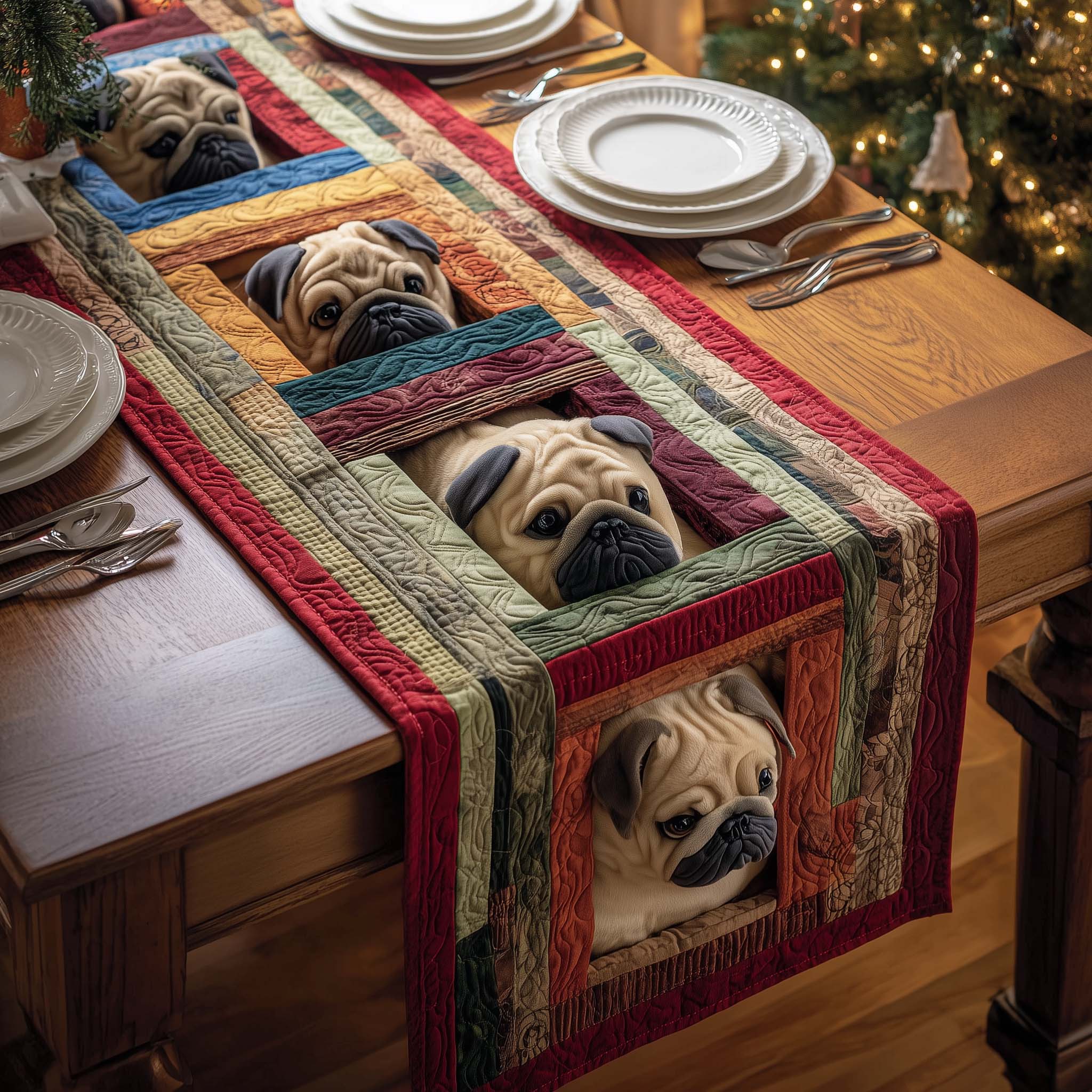 Peek Pugs Quilted Table Runner Holiday Dining Table Decor Family Ideas For Christmas Gifts