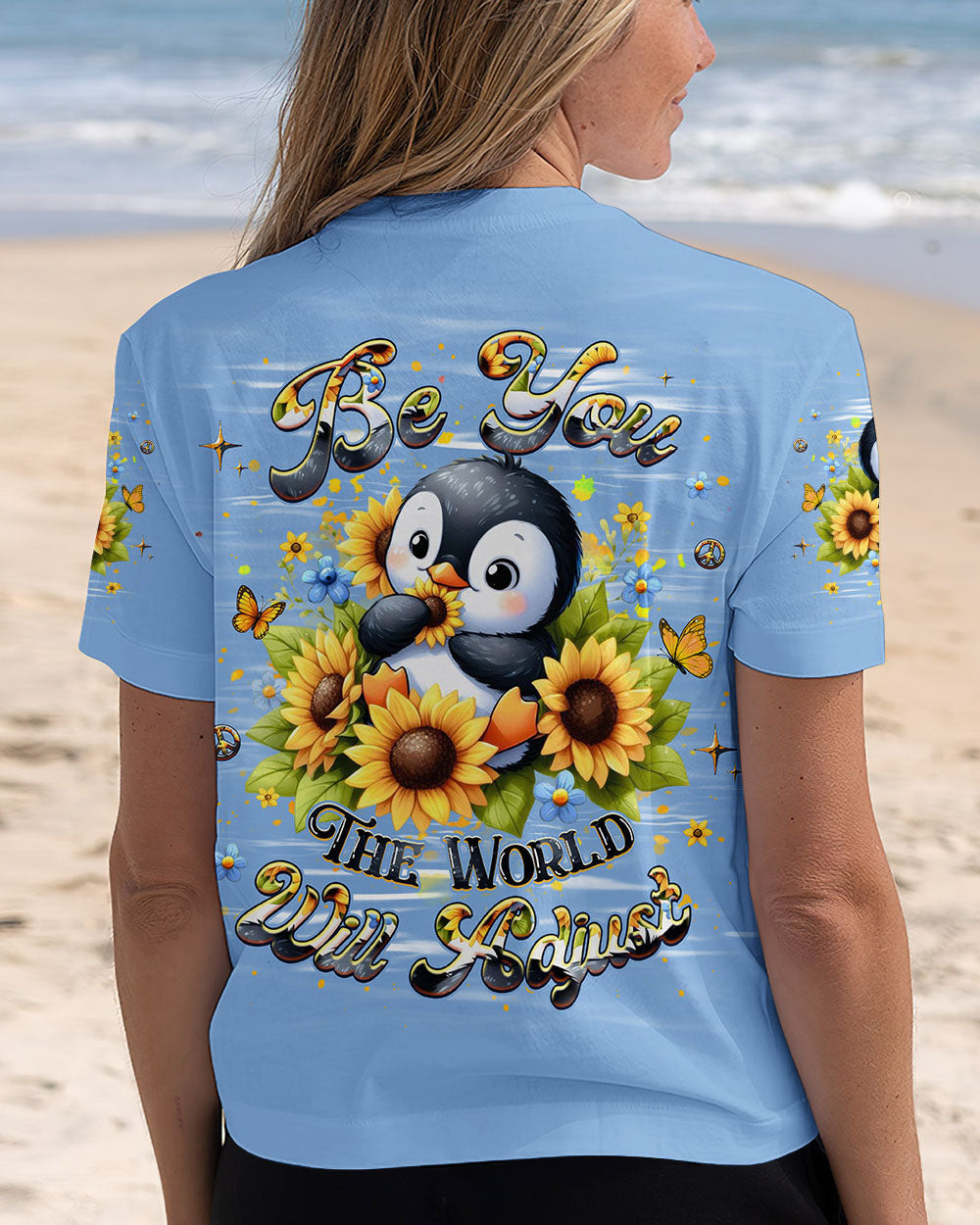 Penguin Be You The World Will Adjust V-Neck Shirt Cute Penguin Sunflowers Merch For Sister - Image 2