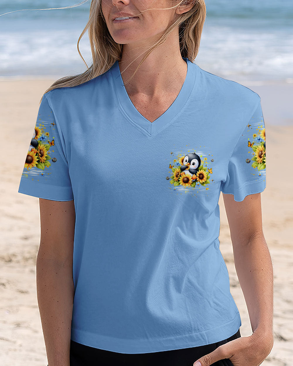 Penguin Be You The World Will Adjust V-Neck Shirt Cute Penguin Sunflowers Merch For Sister