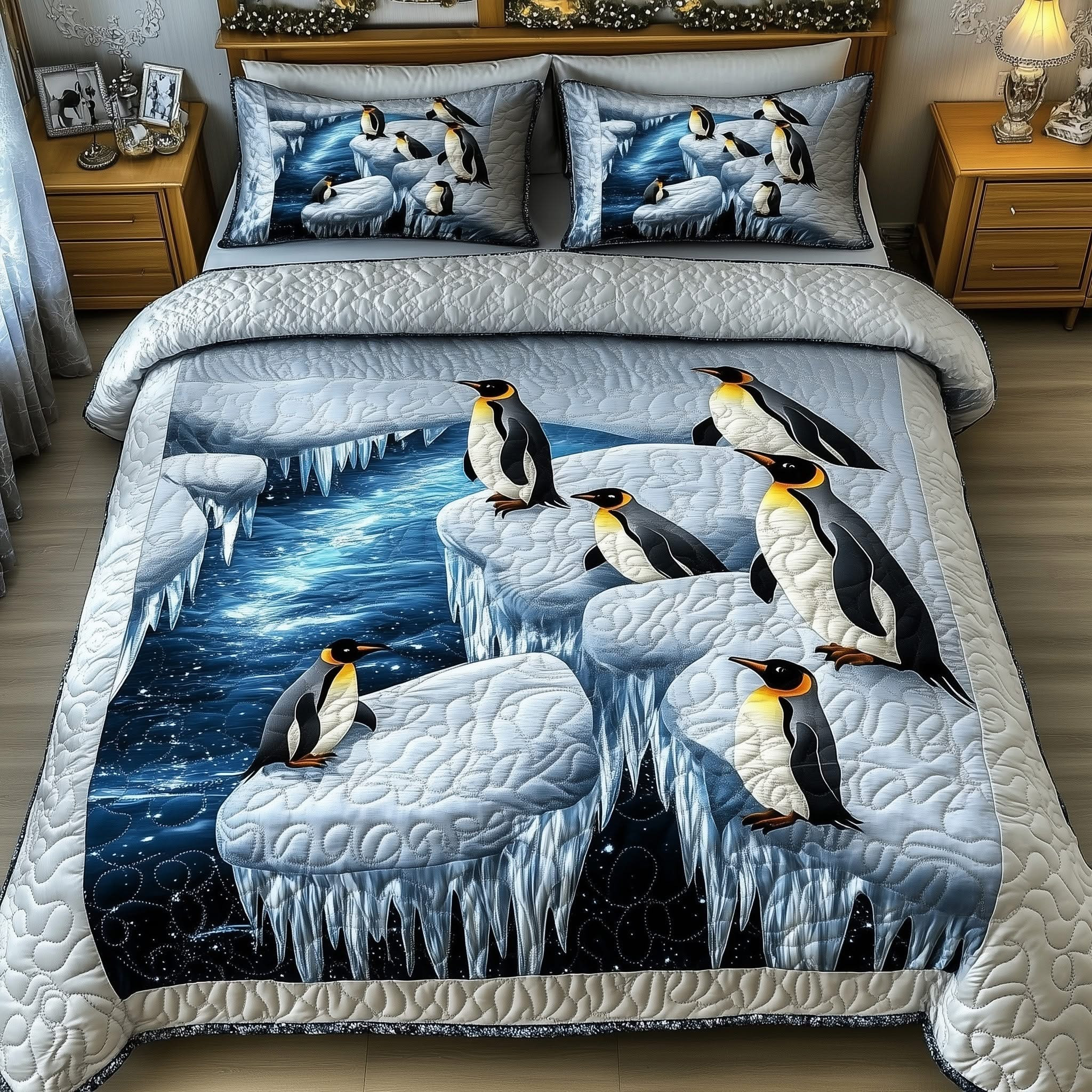 Penguin Family Quilted Bedding Set Arctic Vibe Bedroom Decor Xmas Gift For Penguin Lovers