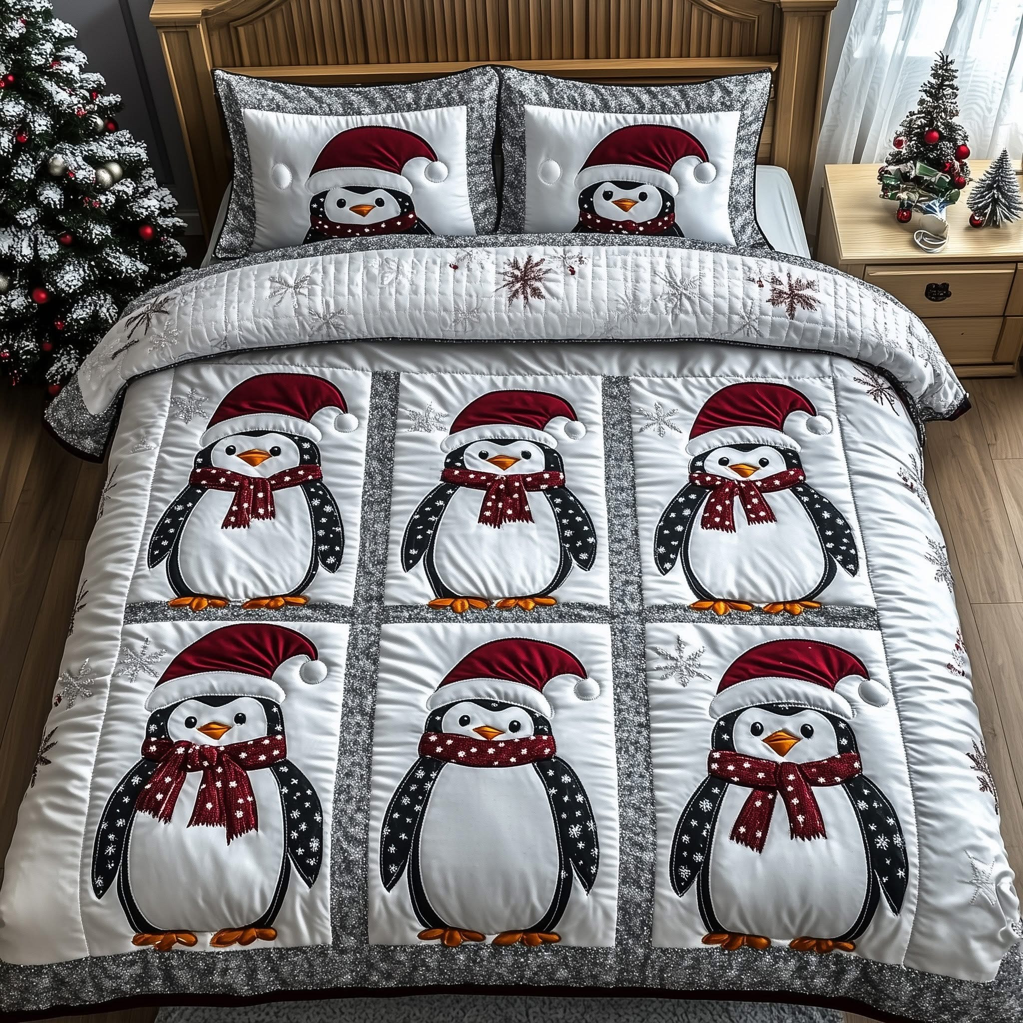 Penguin Santa Quilted Bedding Set Cute Animal Themed Bed Decor Penguin Lovers Gifts