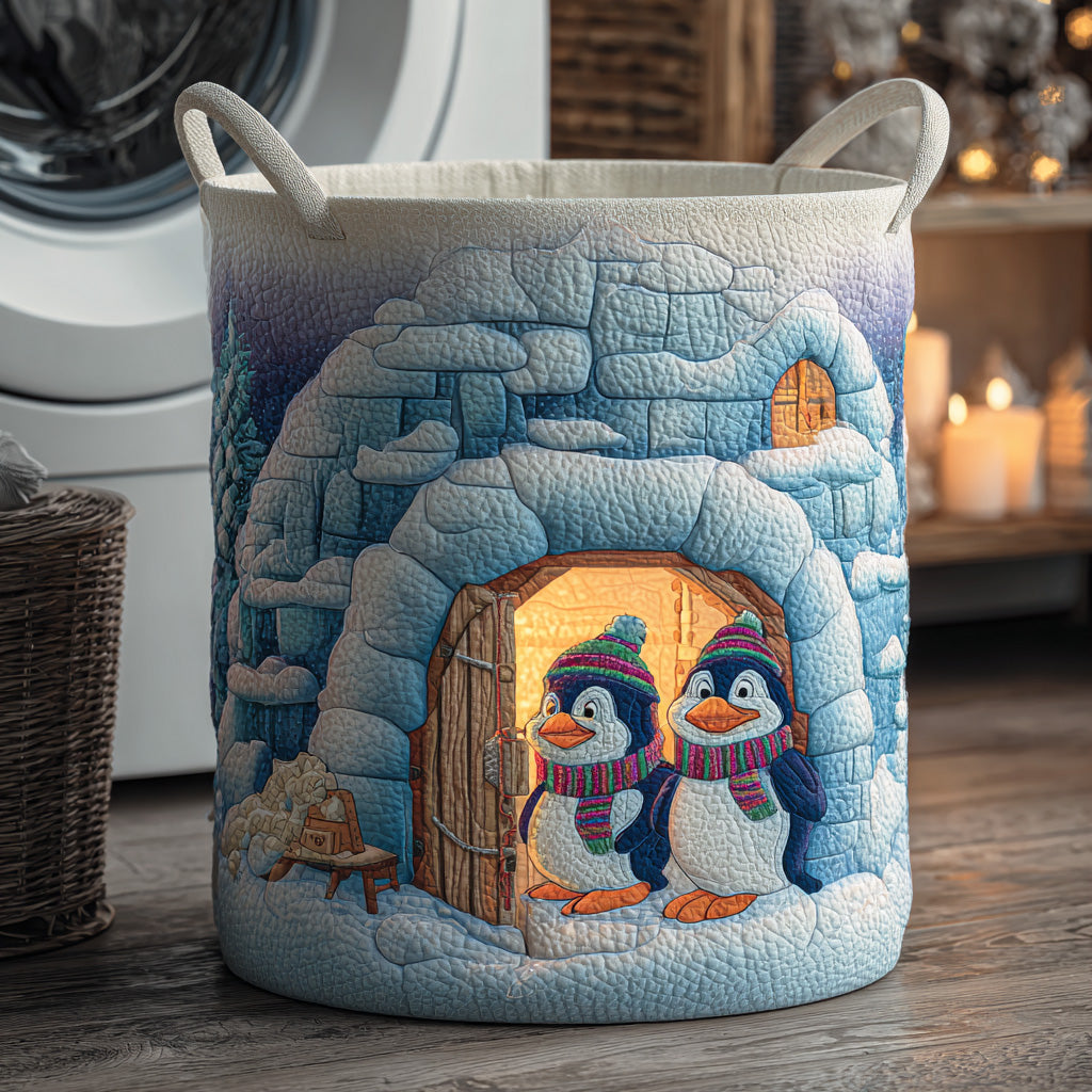 Penguin Snow Journey Quilted Laundry Basket Foldable Storage Bin Christmas Gifts For Coworkers