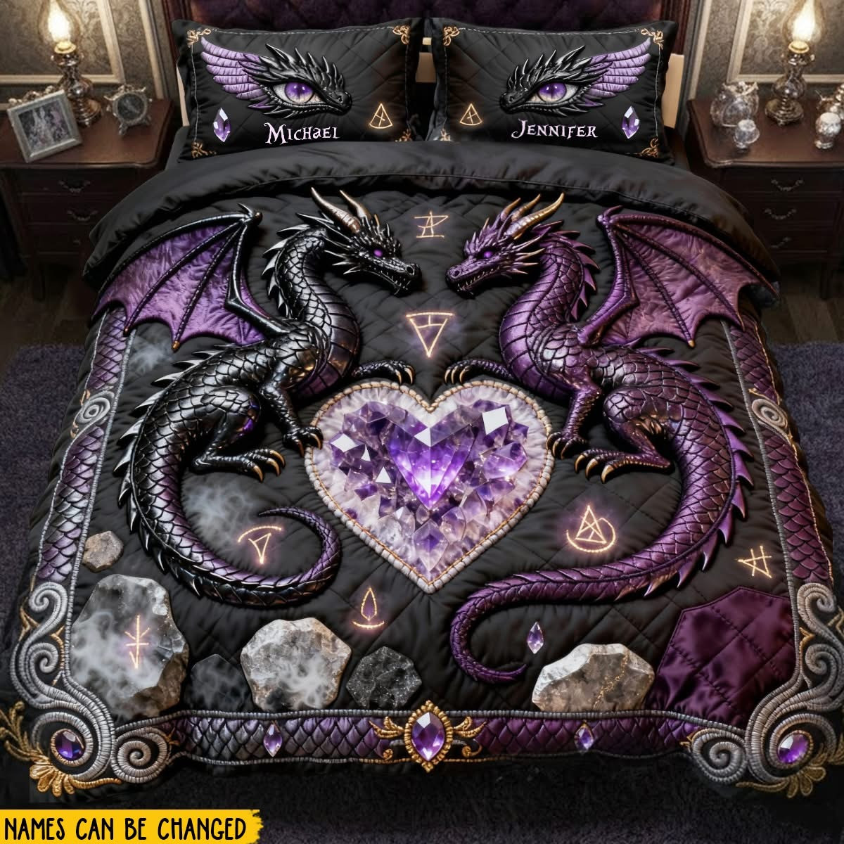 Personalized Black Purple Dragon Quilted Bedding Set Gothic Bed Decor Dragon Items For Lovers
